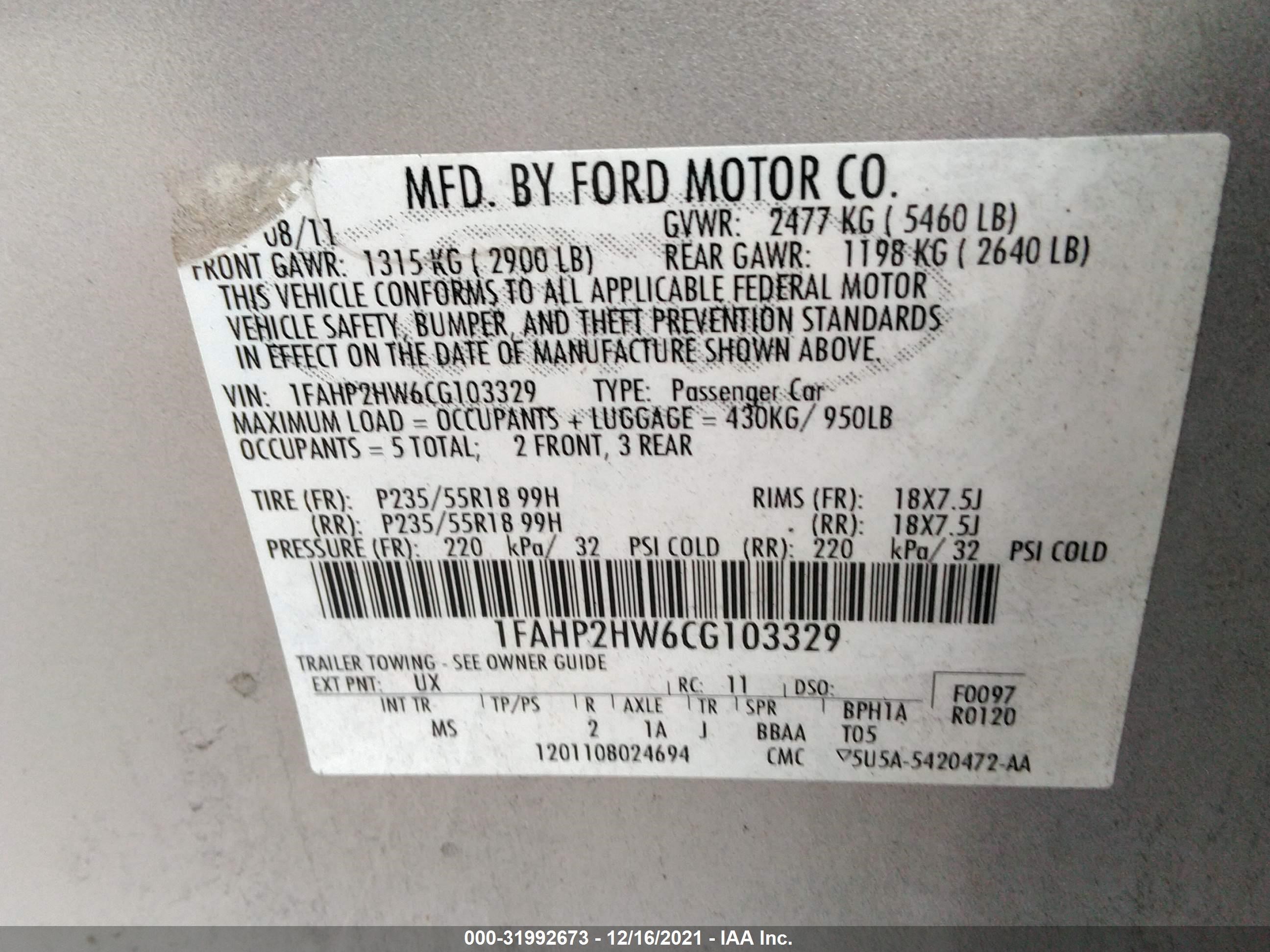 2012 Ford Taurus Sel vin: 1FAHP2HW6CG103329