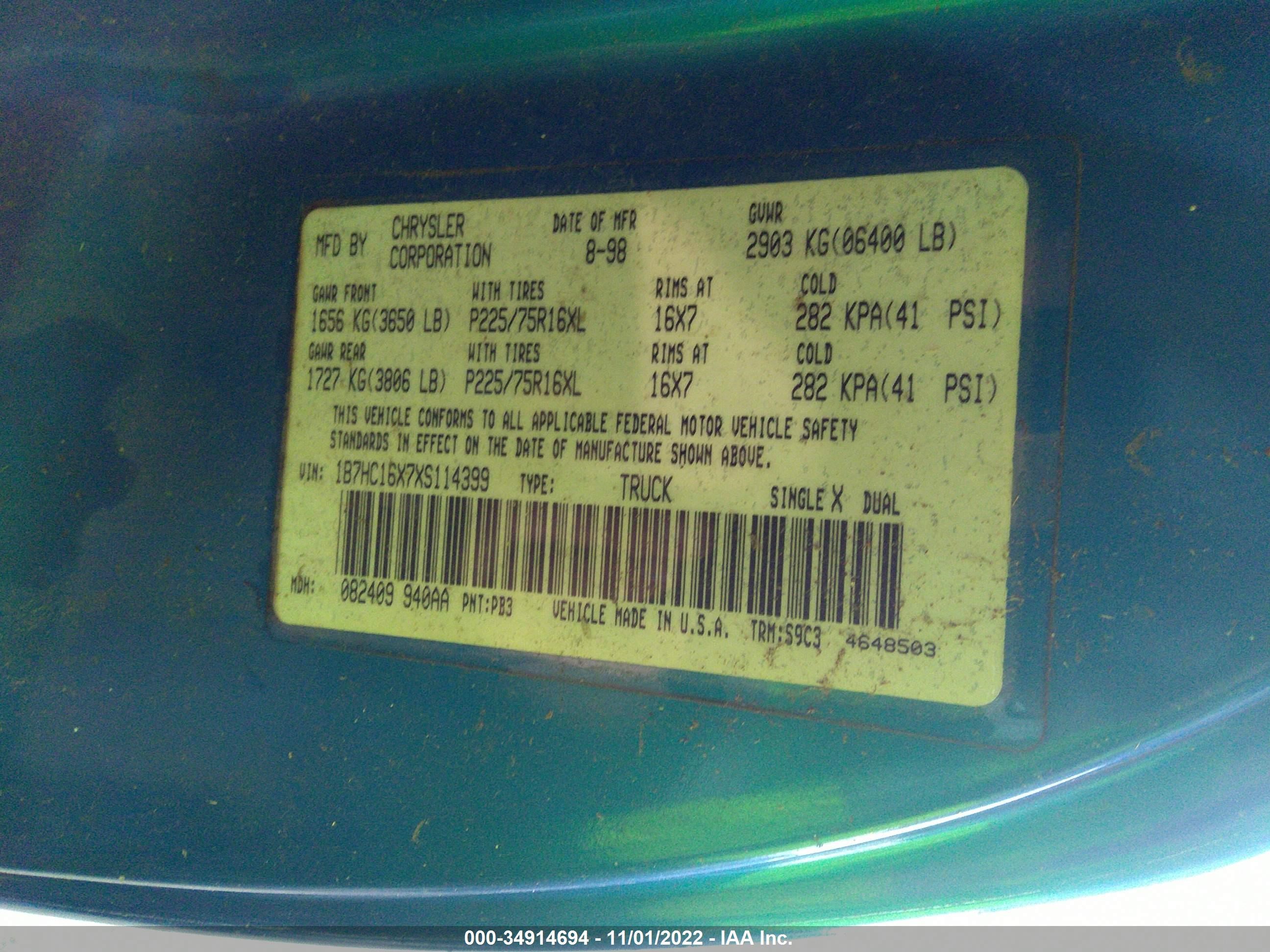 1999 DODGE RAM 1500 VIN: 1B7HC16X7XS114399