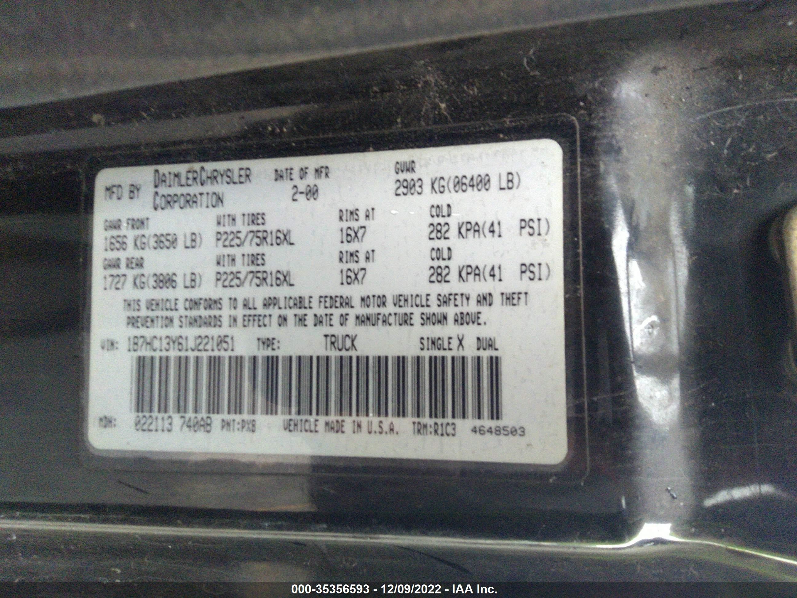 2001 DODGE RAM 1500 VIN: 1B7HC13Y61J221051
