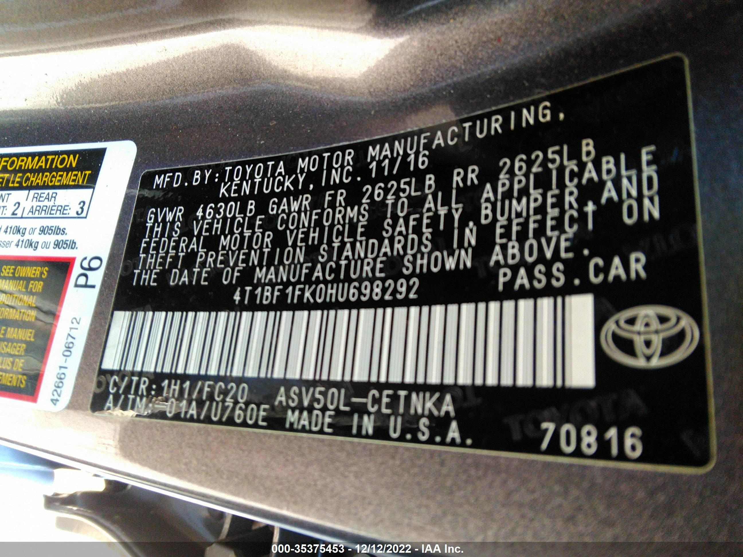 2017 TOYOTA CAMRY XLE/SE/LE/XSE VIN: 4T1BF1FK0HU698292