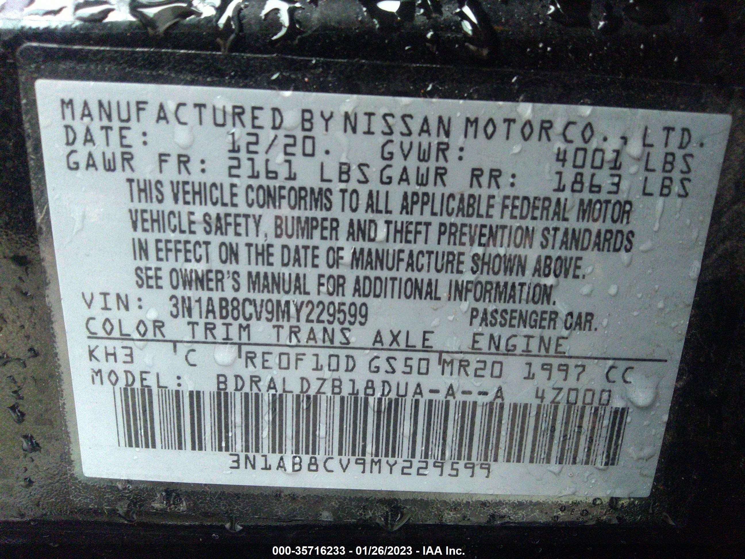 2021 Nissan Sentra Sv vin: 3N1AB8CV9MY229599