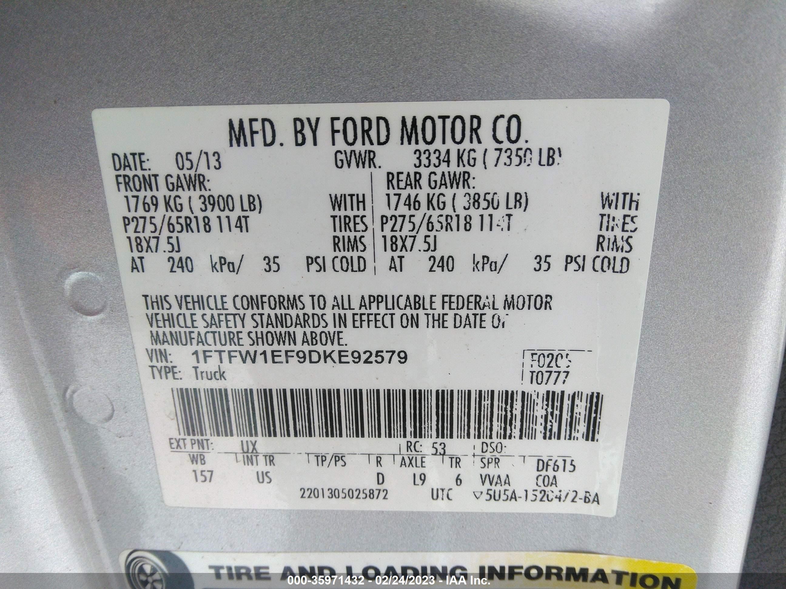 2013 Ford F-150 Xlt vin: 1FTFW1EF9DKE92579