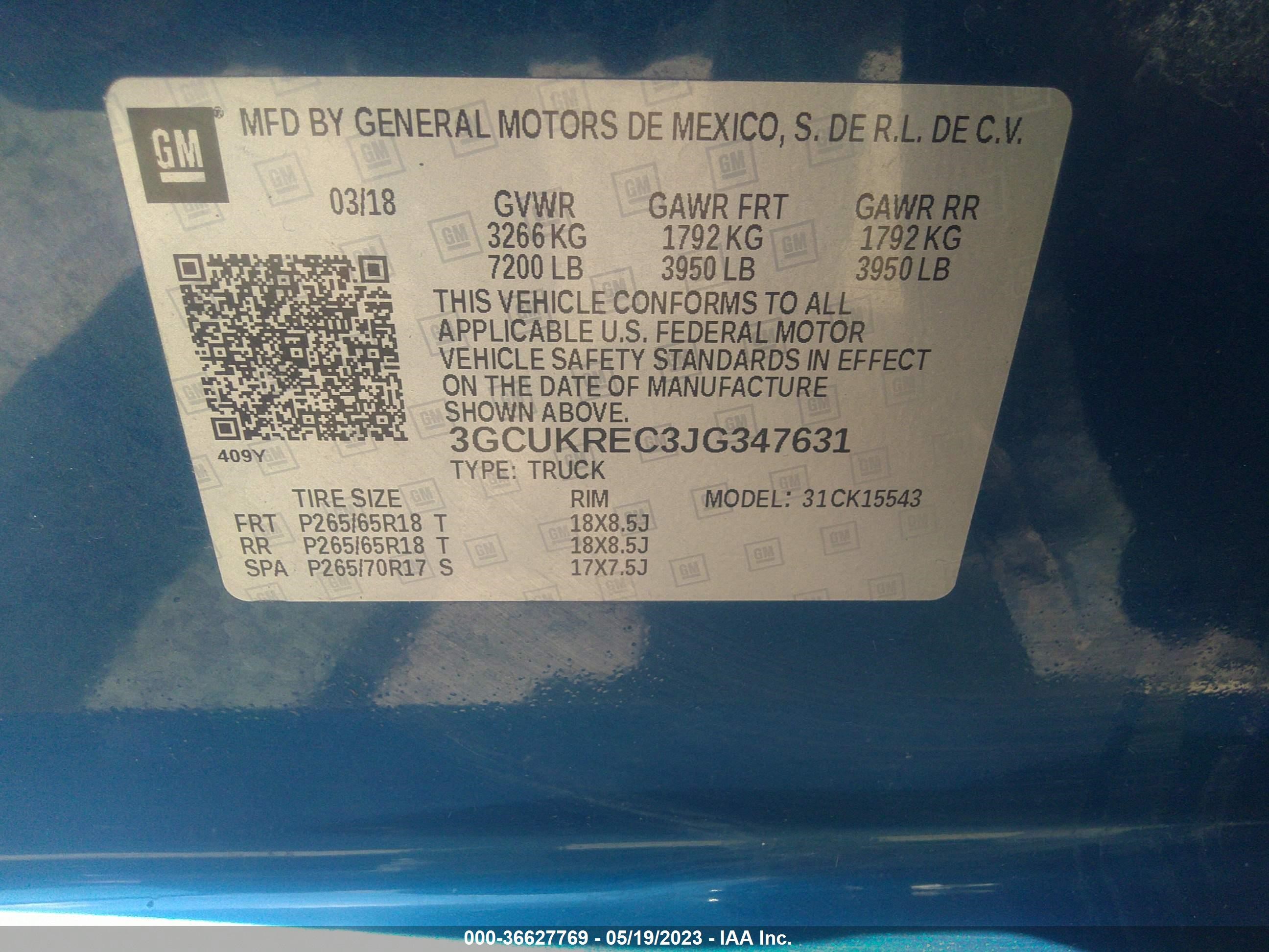2018 Chevrolet Silverado 1500 2Lt vin: 3GCUKREC3JG347631