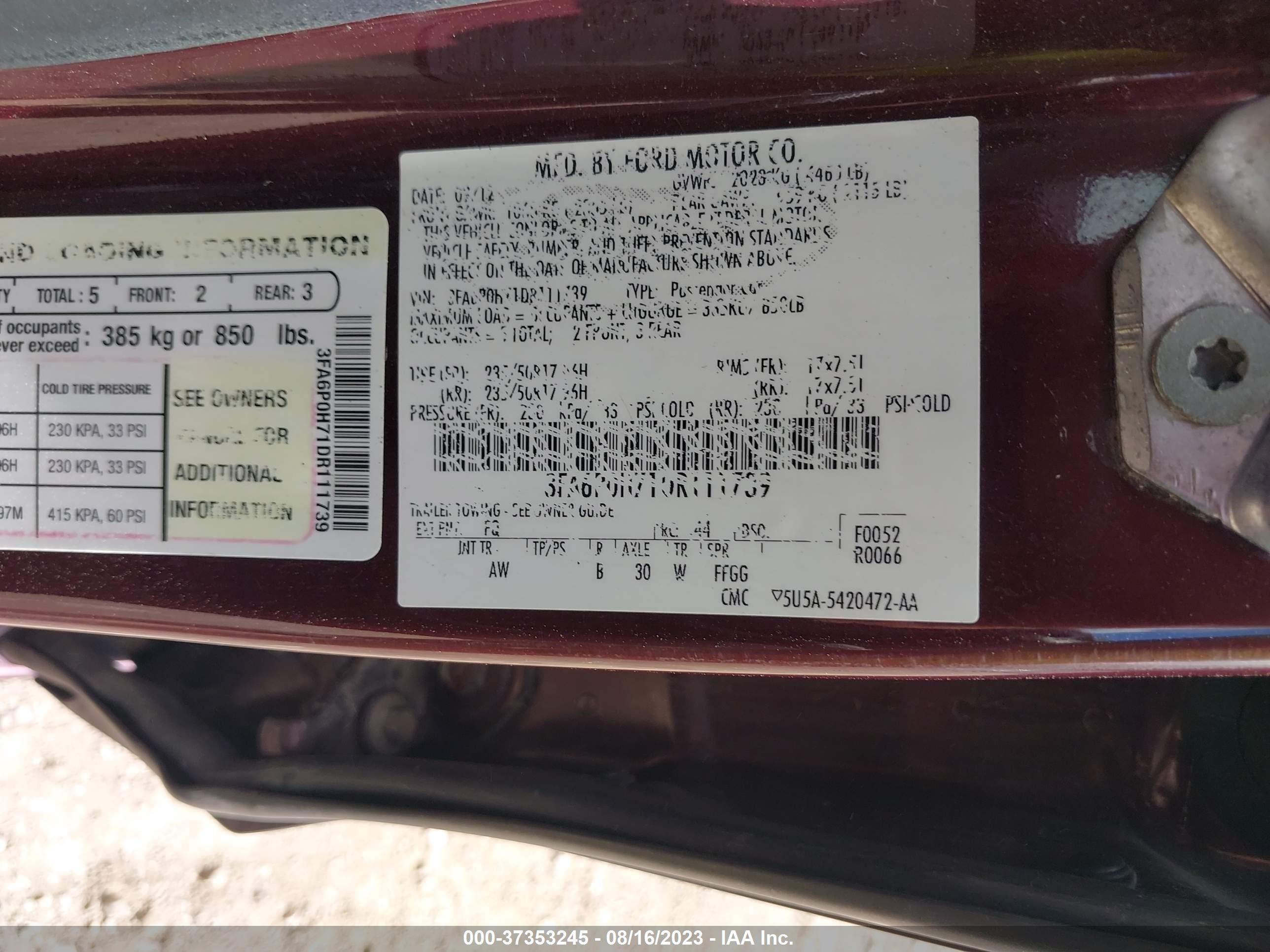 2013 Ford Fusion Se vin: 3FA6P0H71DR111739