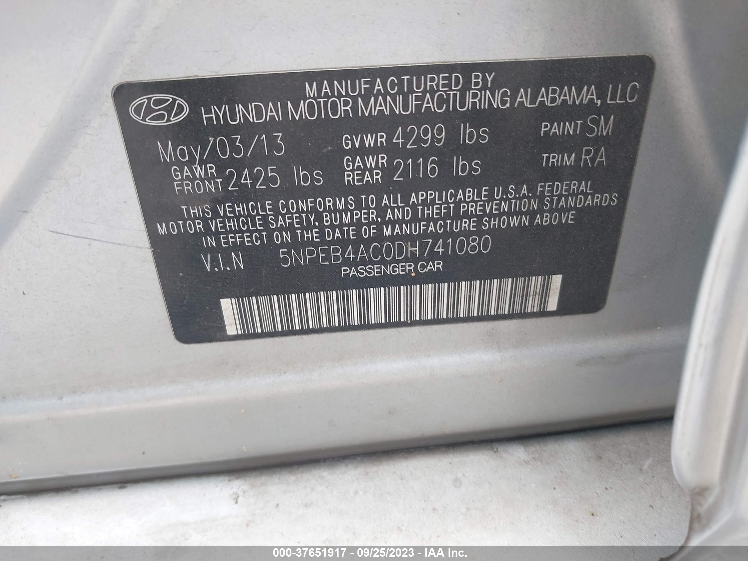 5NPEB4AC0DH741080 2013 Hyundai Sonata Gls