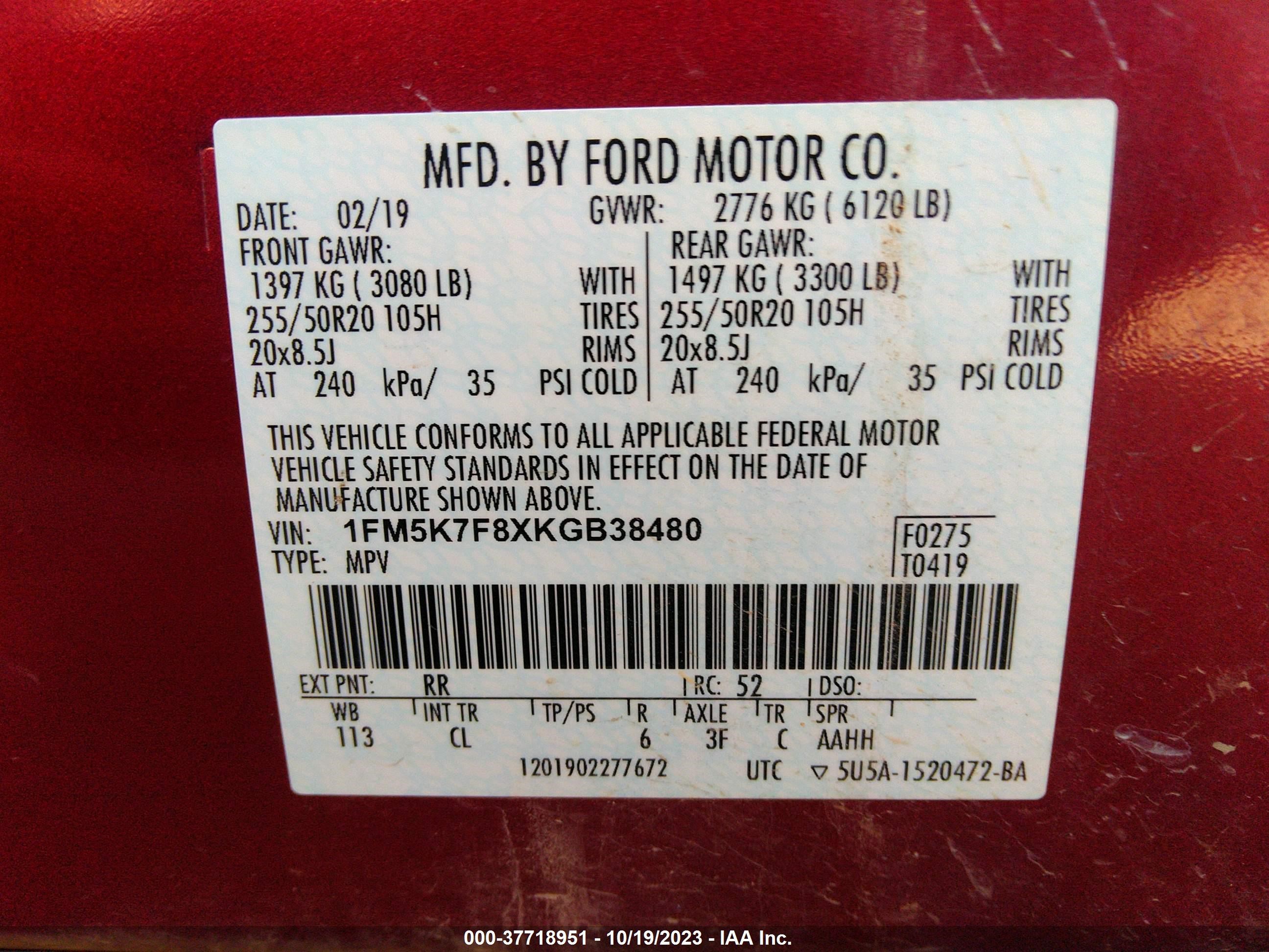 1FM5K7F8XKGB38480 2019 Ford Explorer Limited