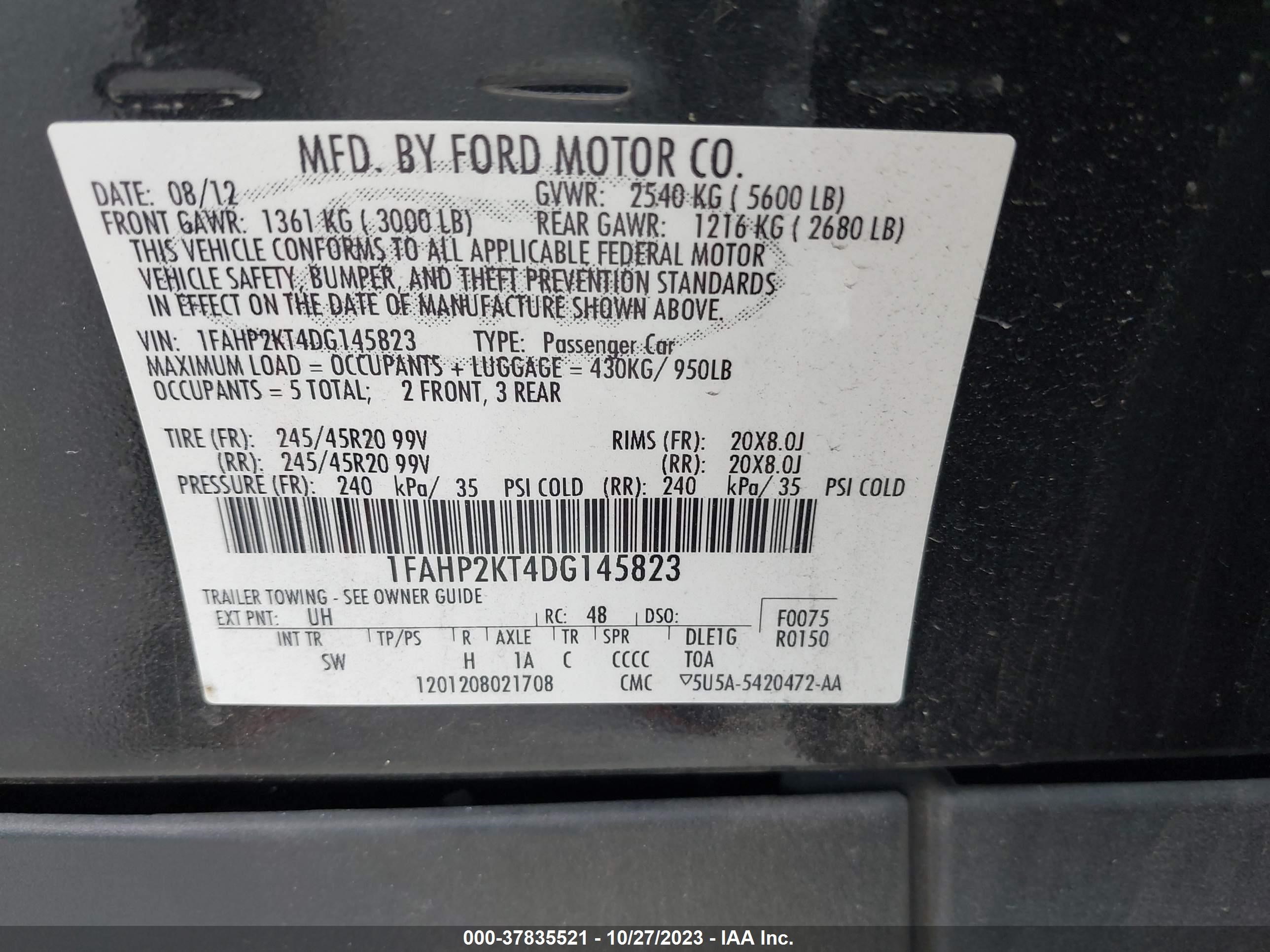 2013 Ford Taurus Sho vin: 1FAHP2KT4DG145823