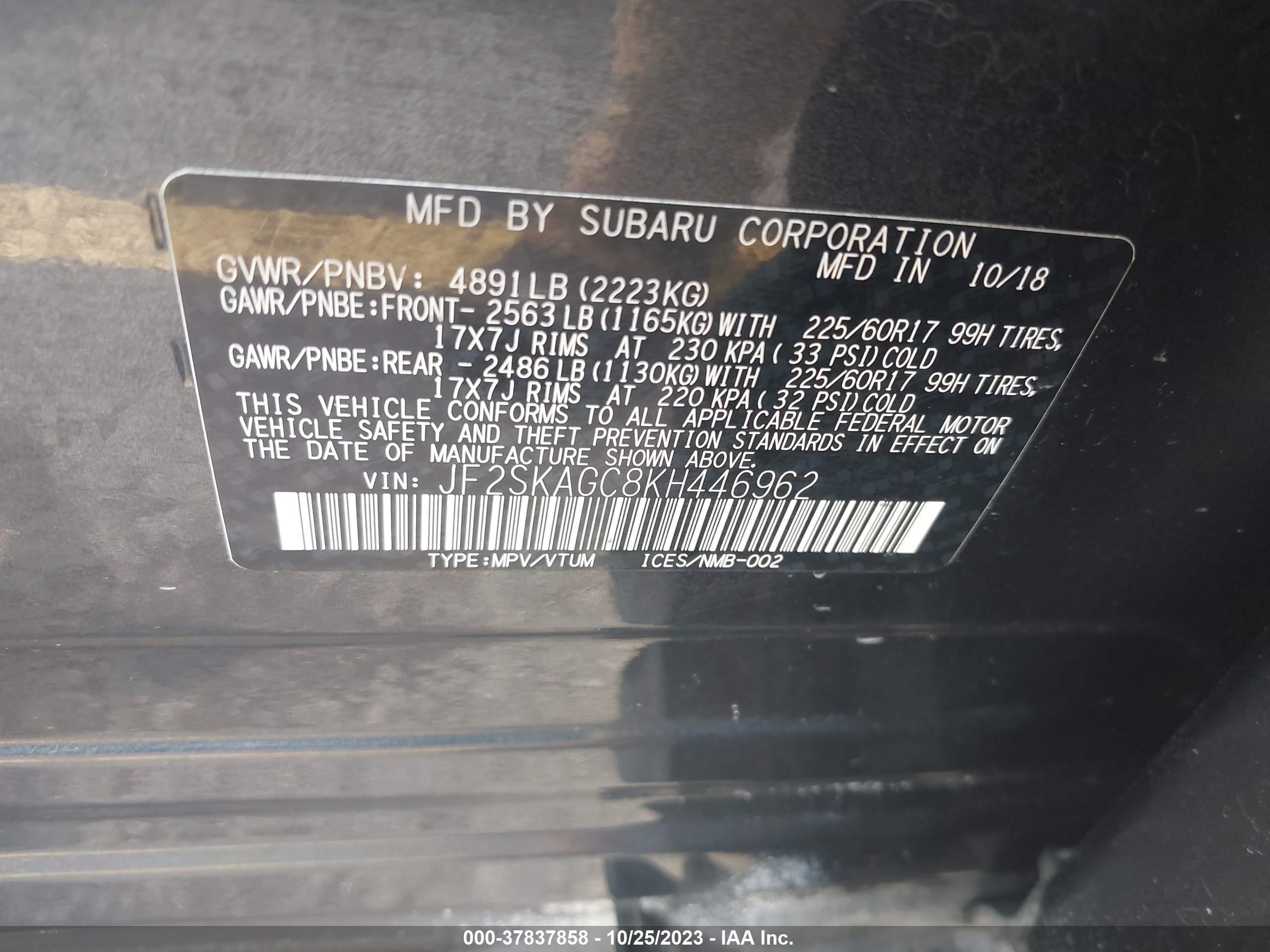 2019 Subaru Forester Premium vin: JF2SKAGC8KH446962