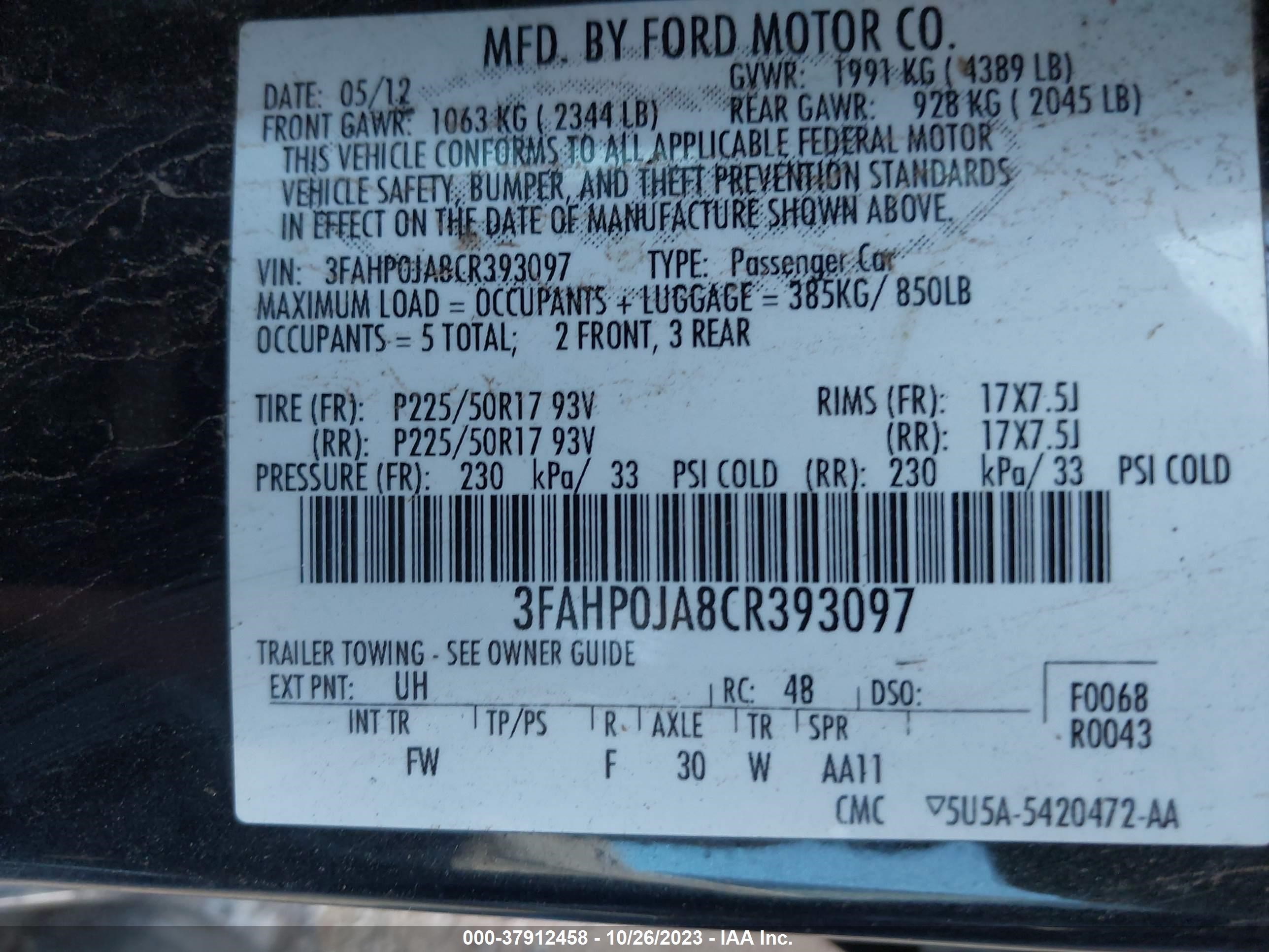 2012 Ford Fusion Sel vin: 3FAHP0JA8CR393097