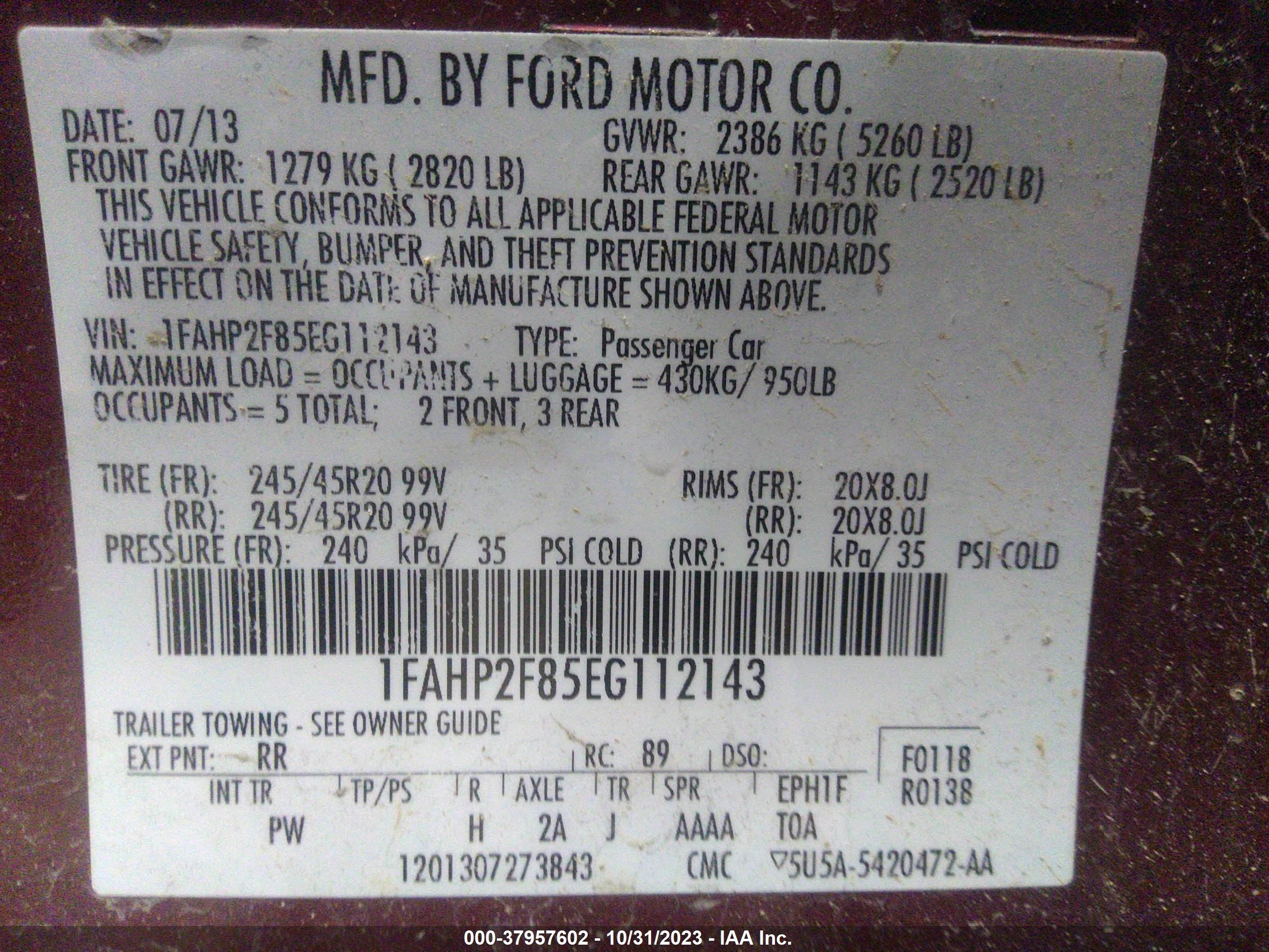 2014 Ford Taurus Limited vin: 1FAHP2F85EG112143