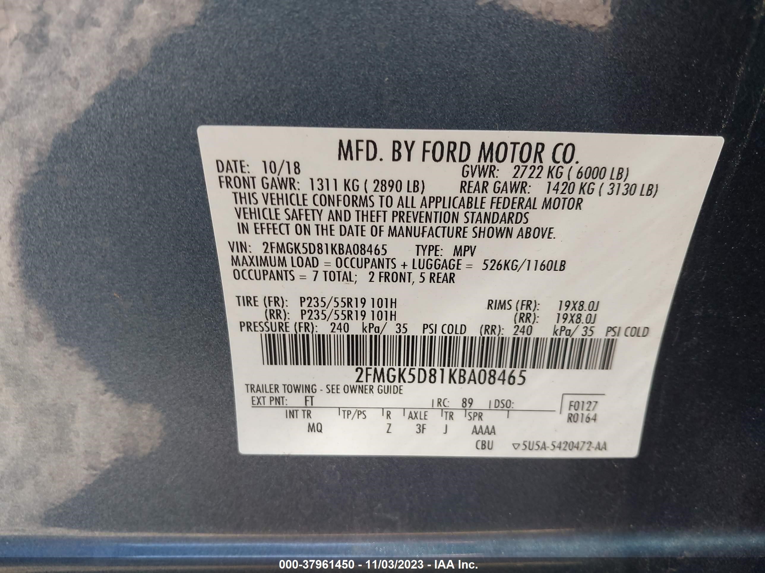 2019 Ford Flex Limited vin: 2FMGK5D81KBA08465