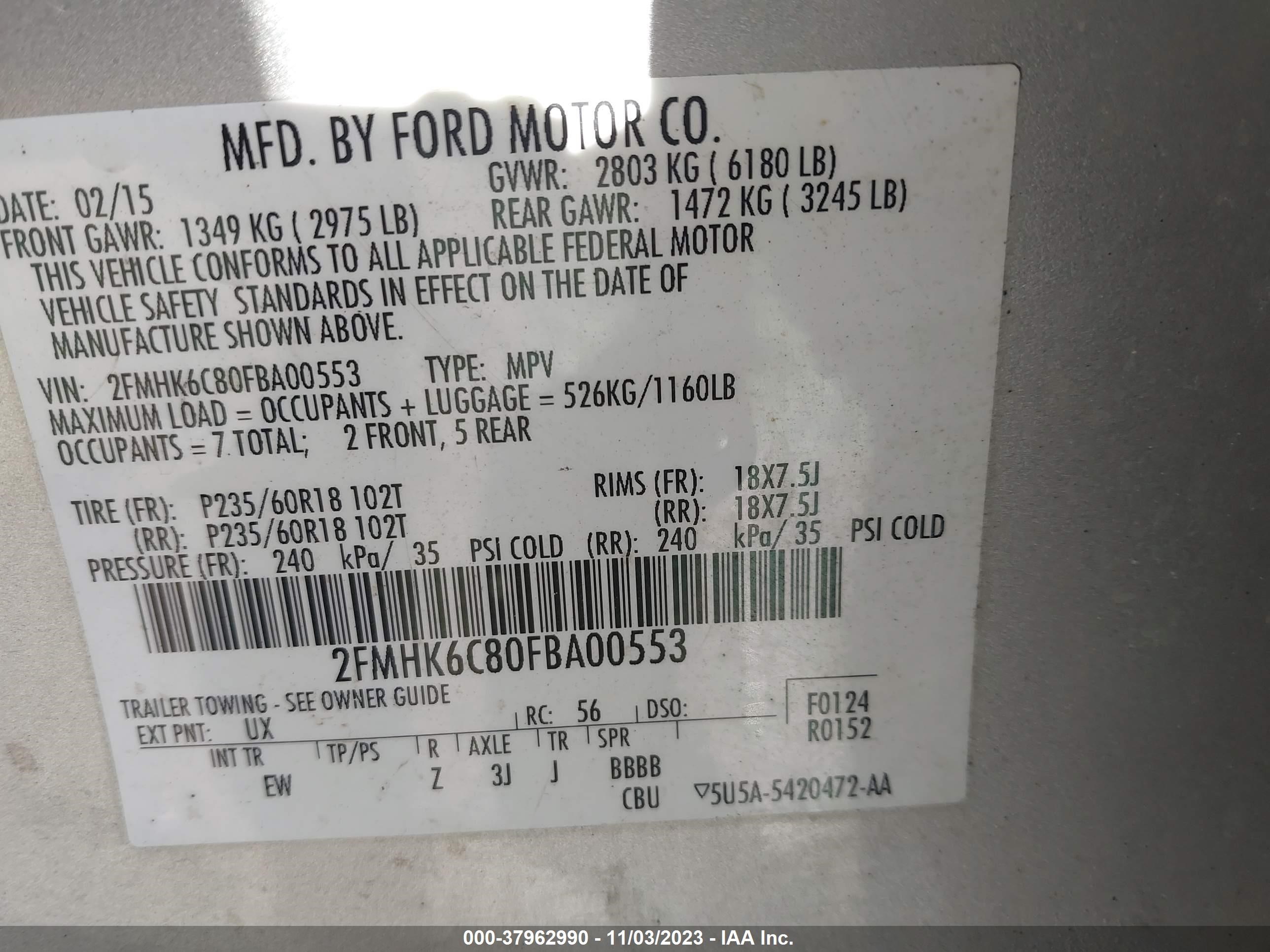 2015 Ford Flex Sel vin: 2FMHK6C80FBA00553