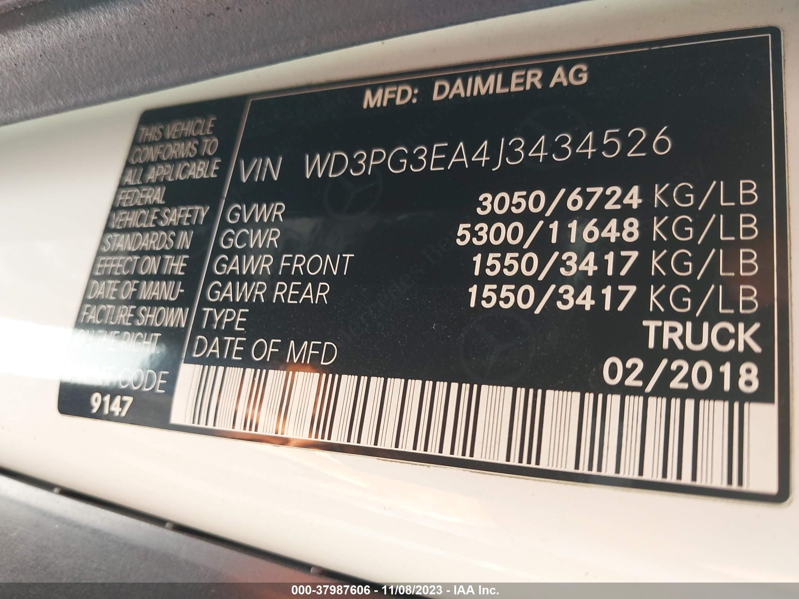 2018 Mercedes-Benz Metris Cargo Van vin: WD3PG3EA4J3434526