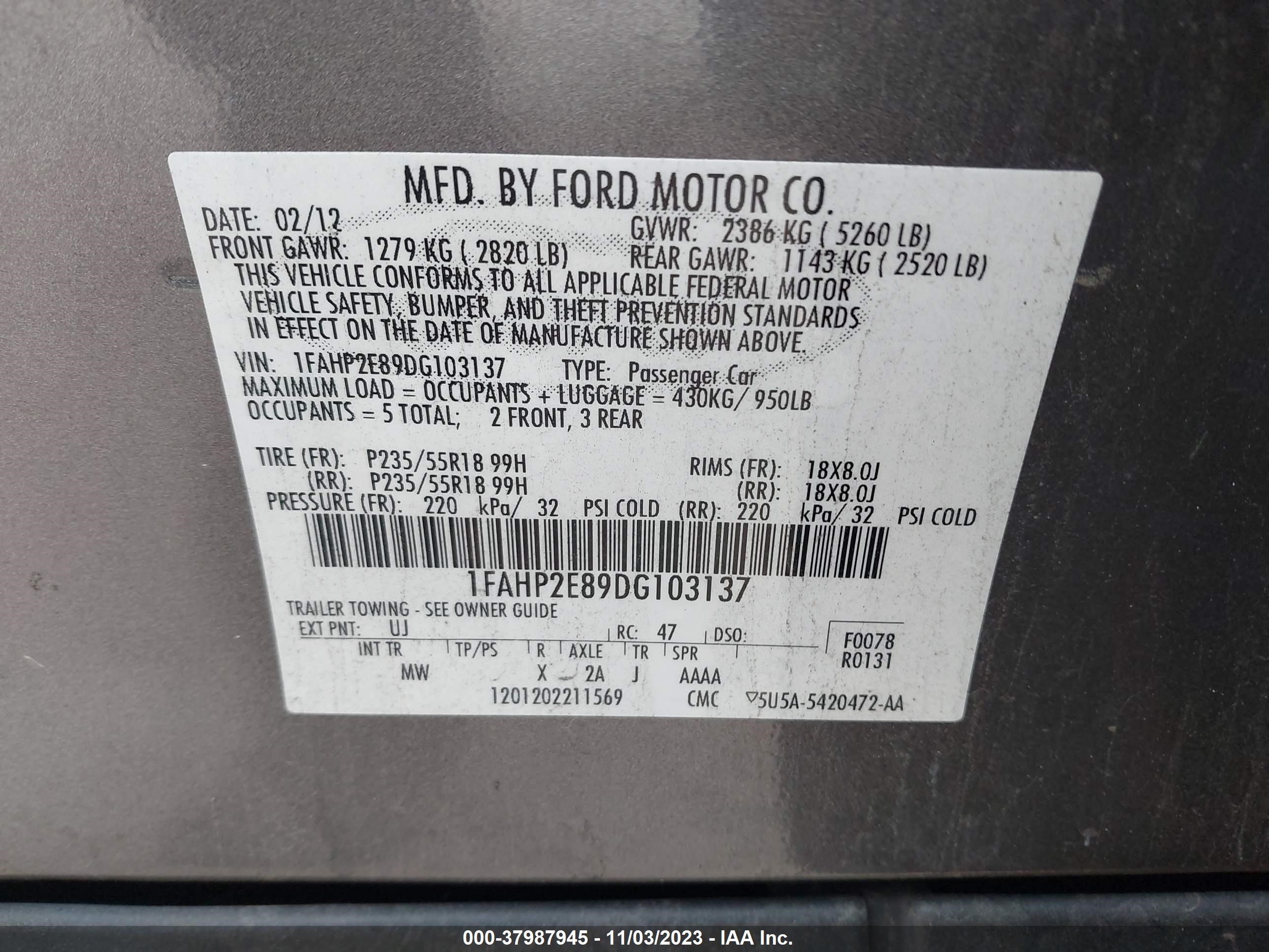 2013 Ford Taurus Sel vin: 1FAHP2E89DG103137