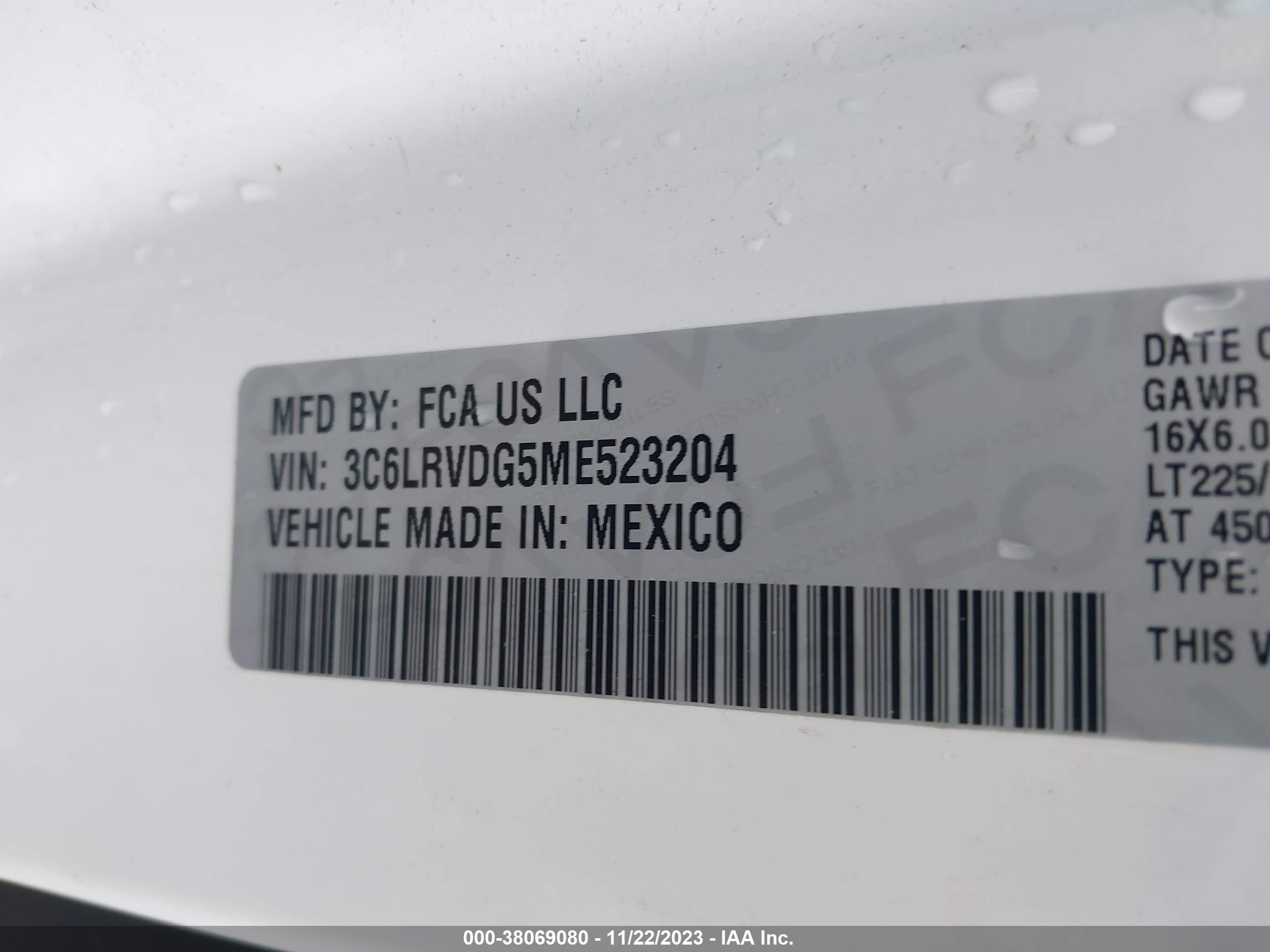 2021 Ram Promaster 2500 High Roof 159" Wb vin: 3C6LRVDG5ME523204