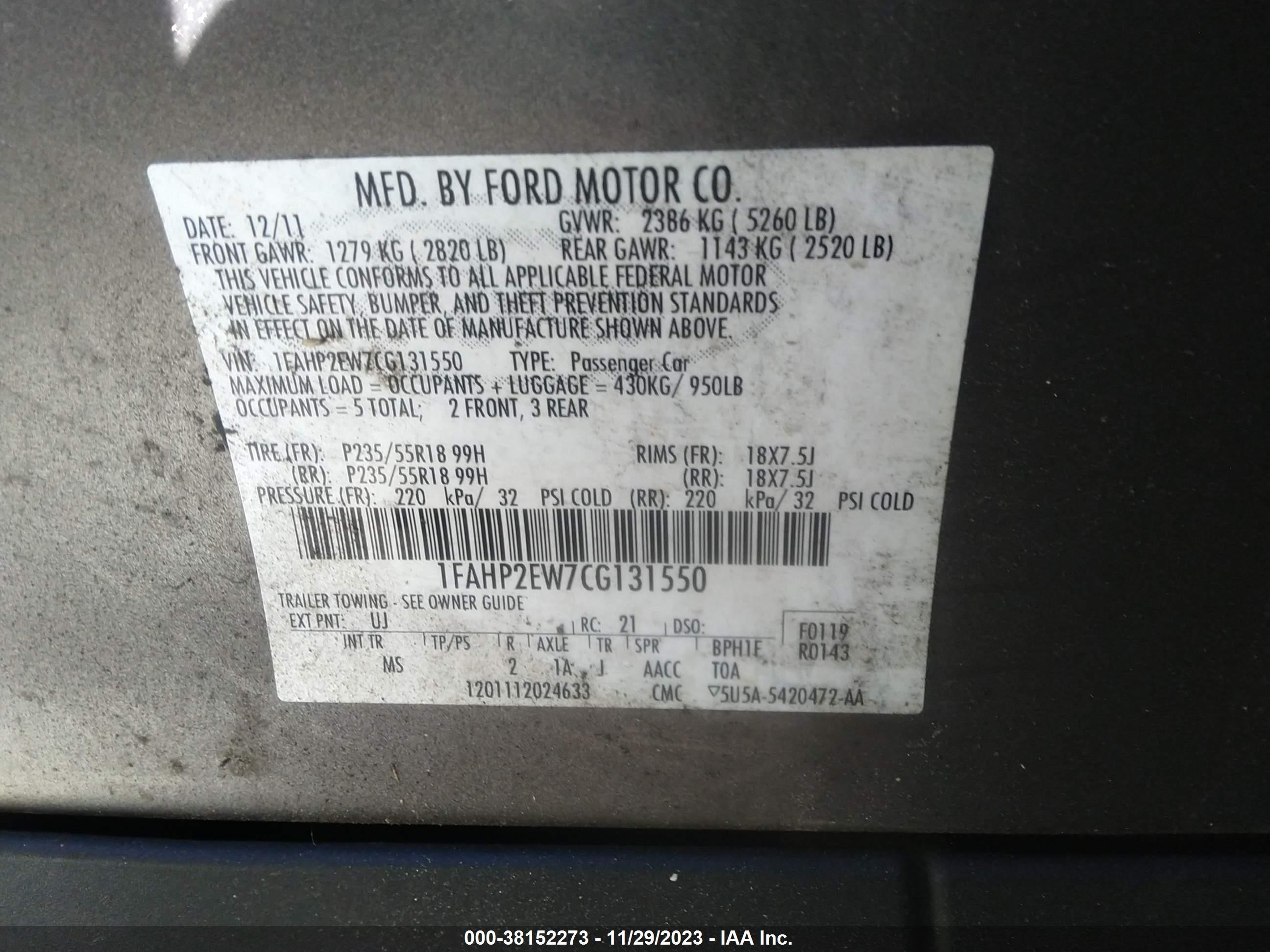 2012 Ford Taurus Sel vin: 1FAHP2EW7CG131550