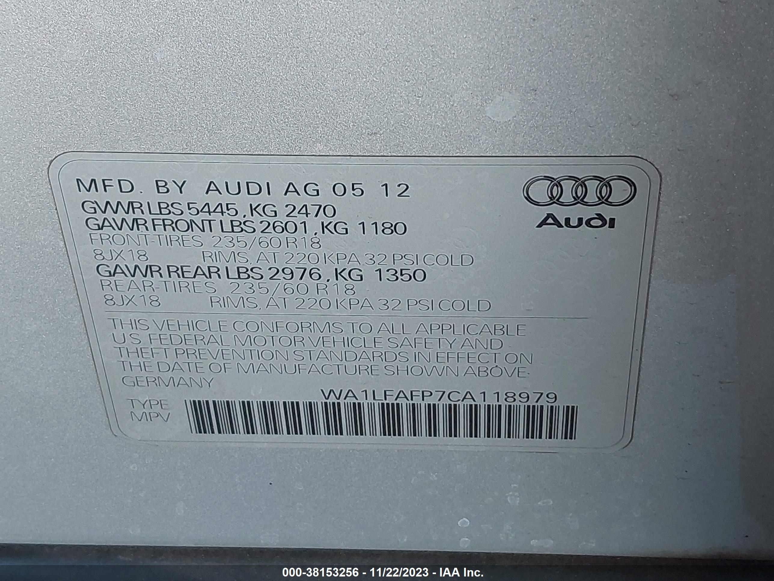 2012 Audi Q5 2.0T Premium vin: WA1LFAFP7CA118979