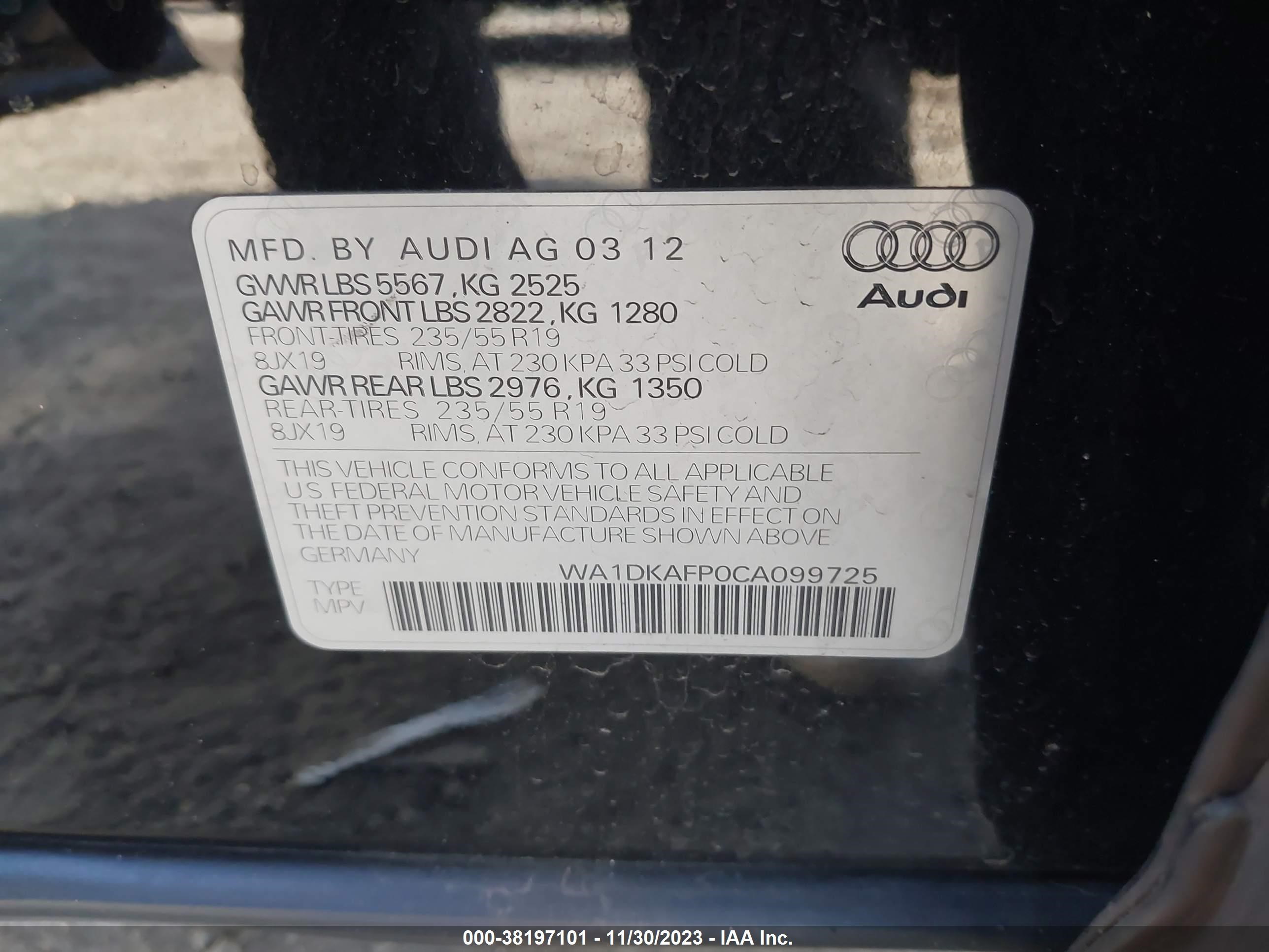 2012 Audi Q5 3.2 Premium Plus vin: WA1DKAFP0CA099725