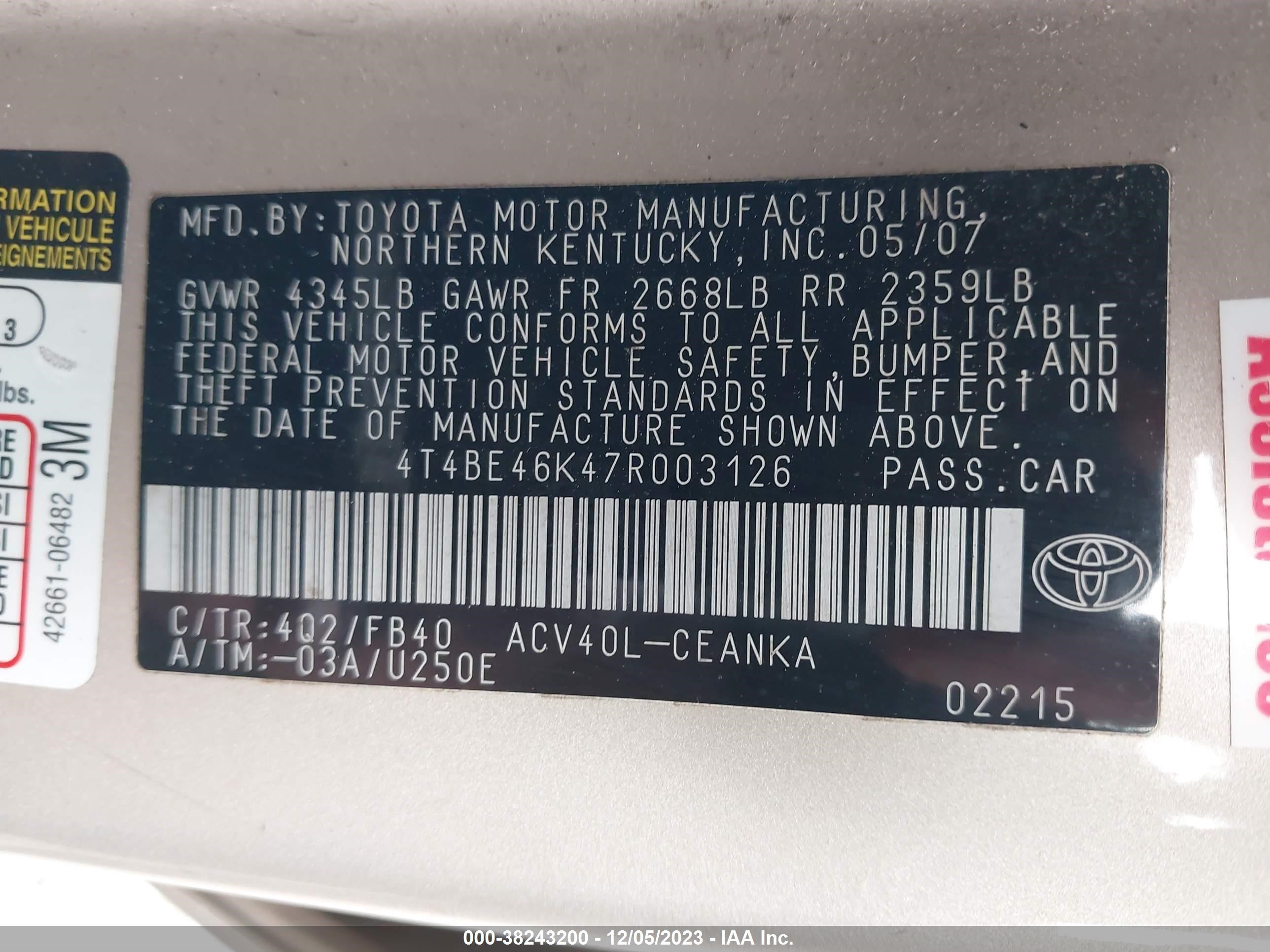 4T4BE46K47R003126 2007 Toyota Camry Le