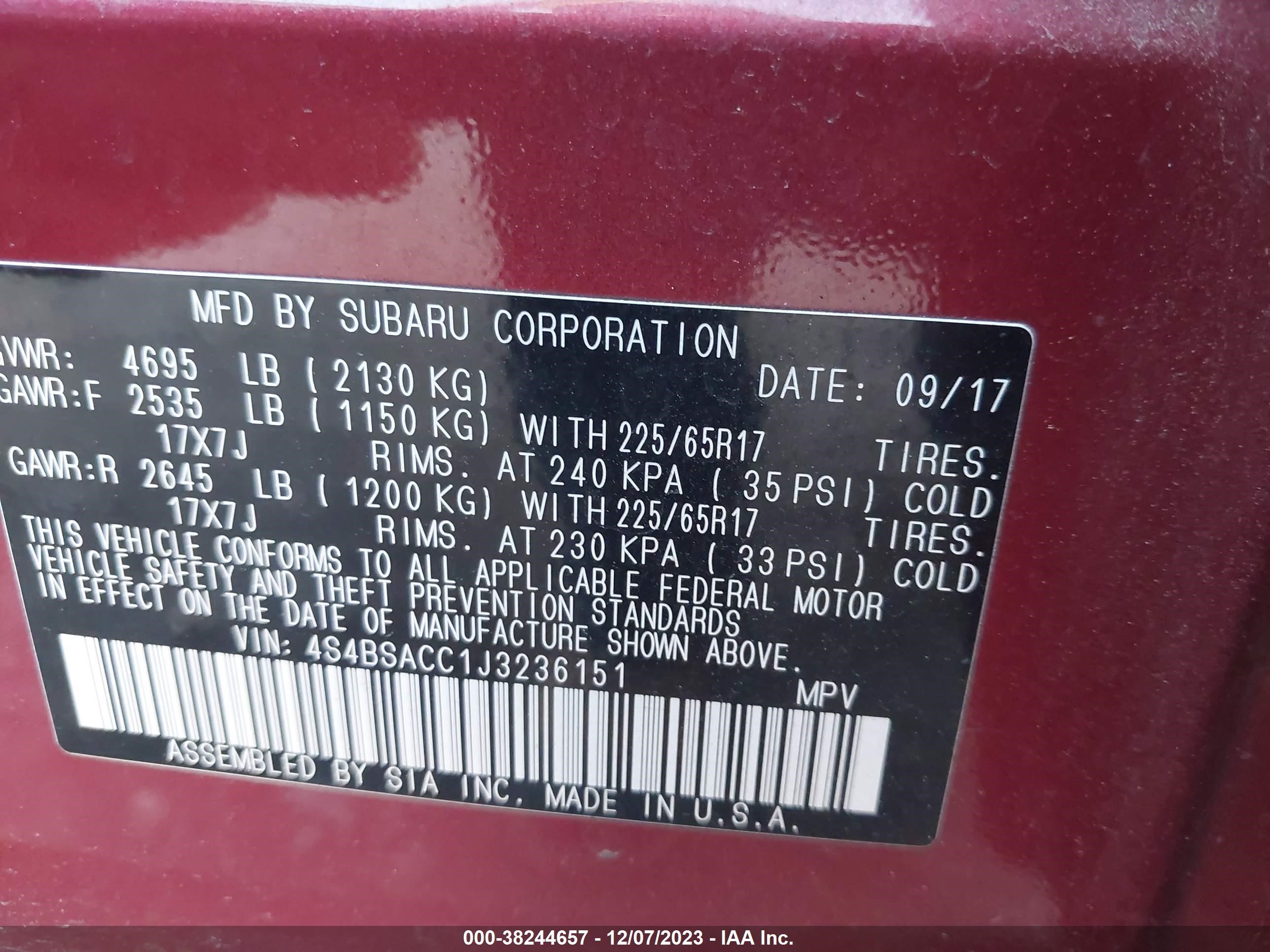 2018 Subaru Outback 2.5I Premium vin: 4S4BSACC1J3236151