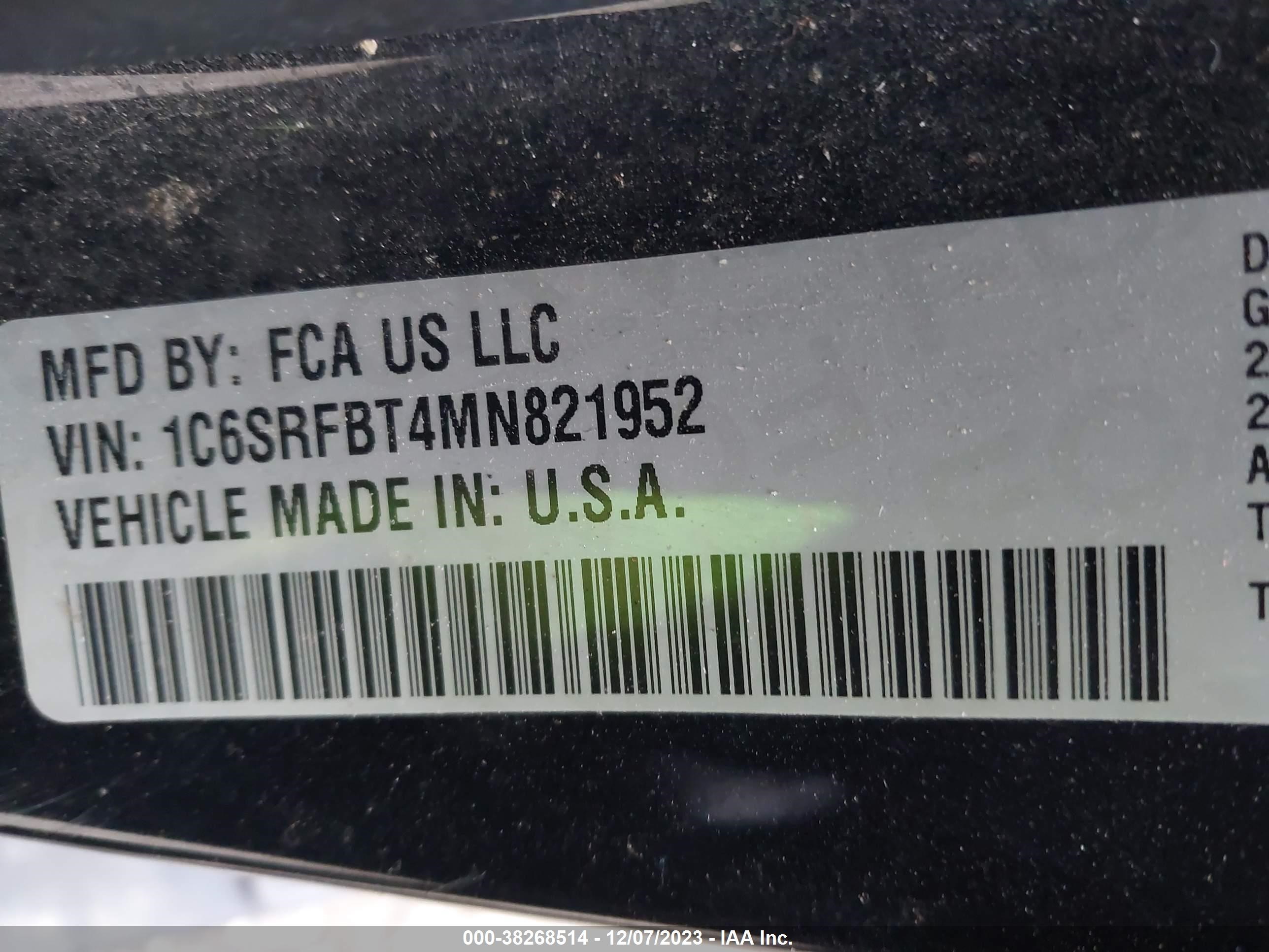 2021 Ram 1500 Big Horn 4X4 6'4" Box vin: 1C6SRFBT4MN821952