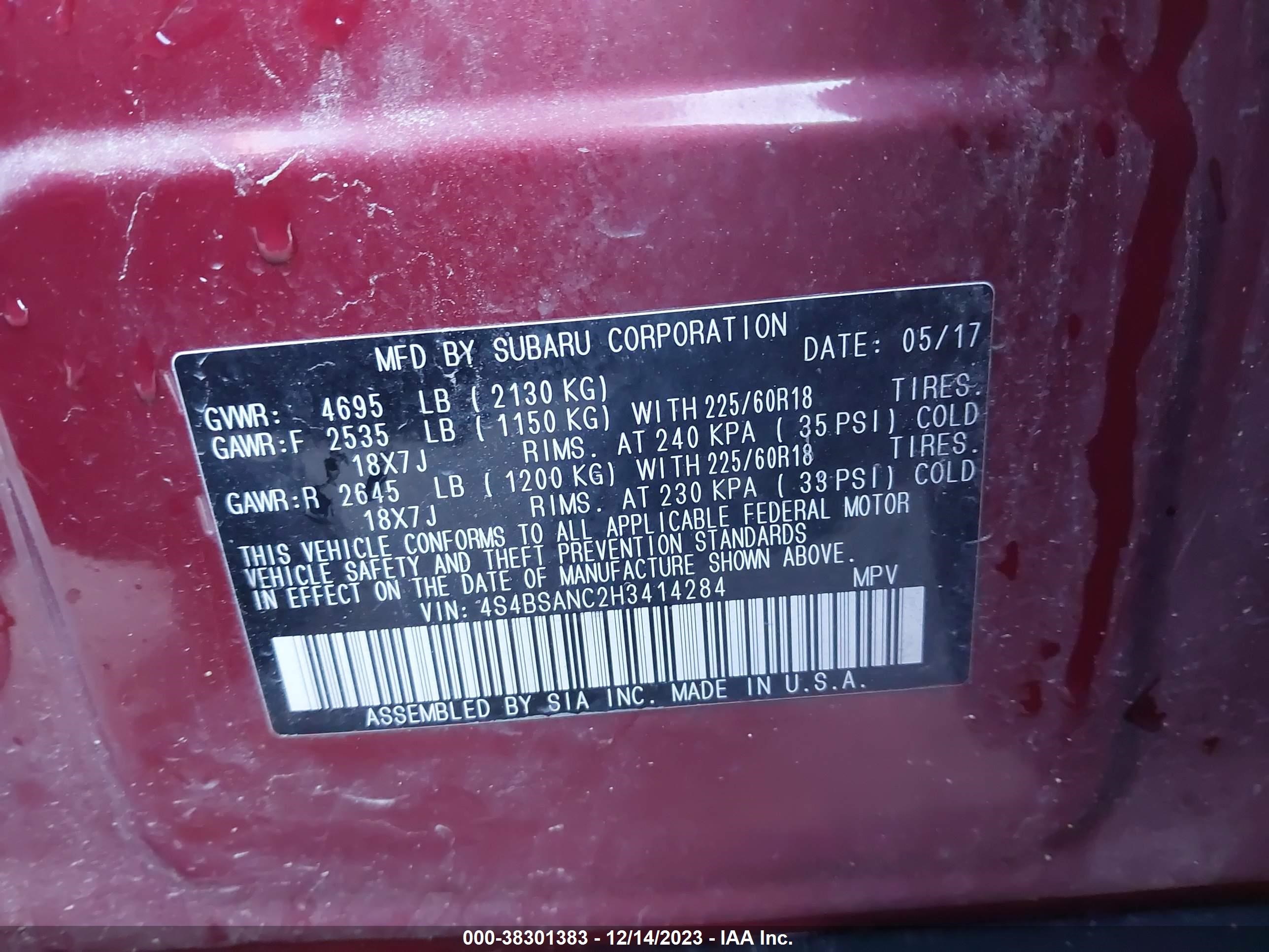 2017 Subaru Outback 2.5I Limited vin: 4S4BSANC2H3414284