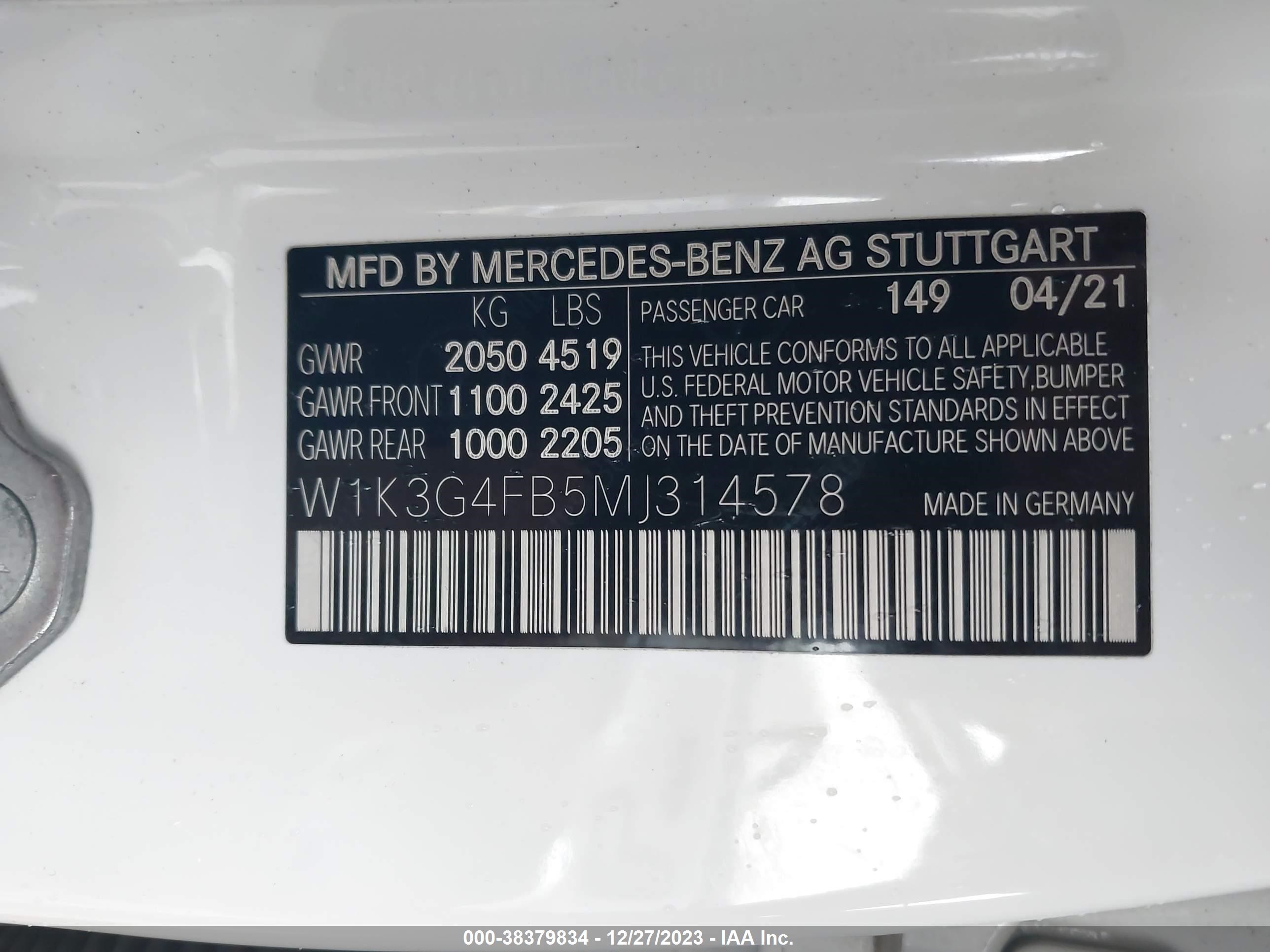 2021 Mercedes-Benz A 220 4Matic vin: W1K3G4FB5MJ314578
