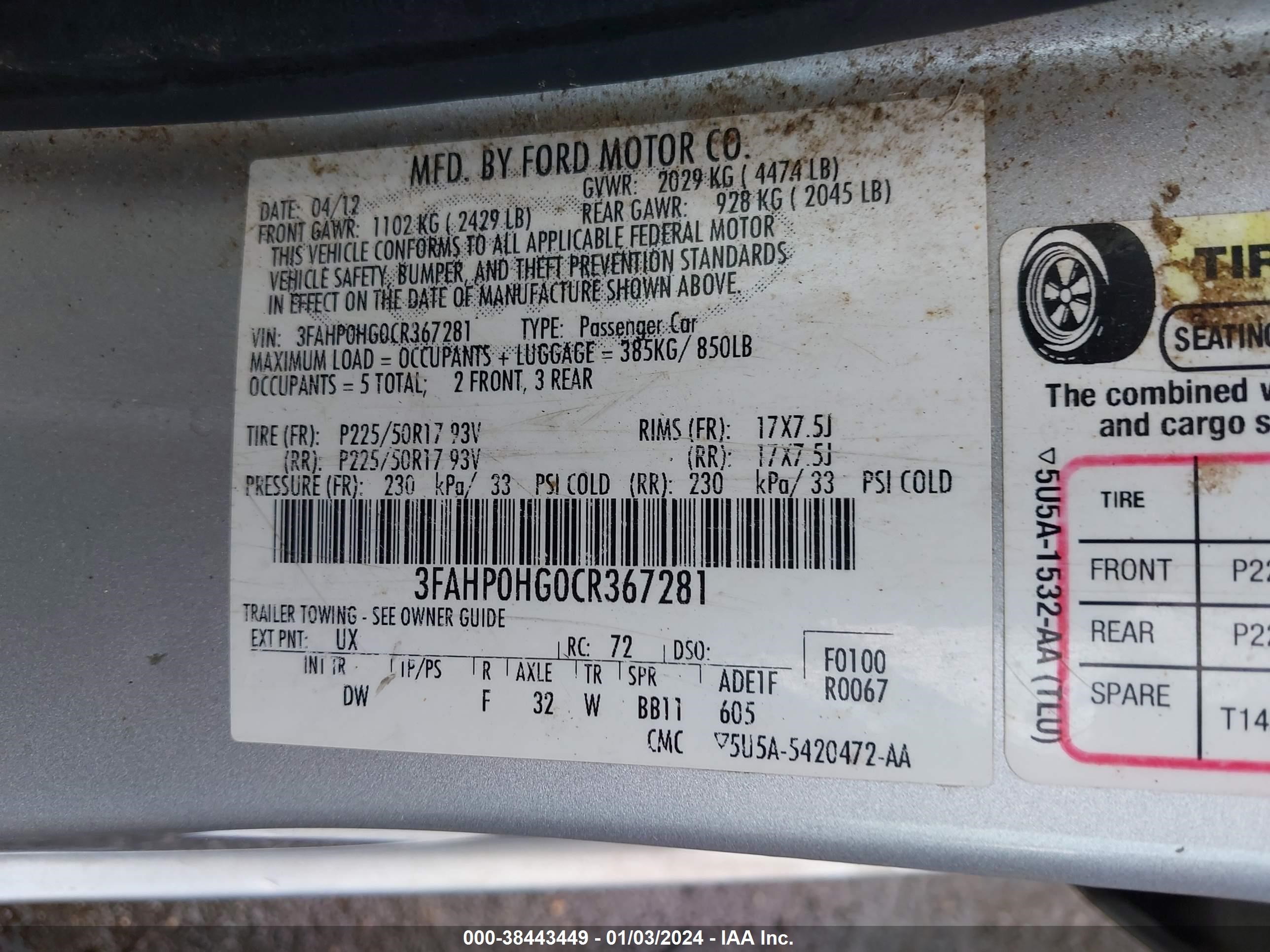 2012 Ford Fusion Se vin: 3FAHP0HG0CR367281