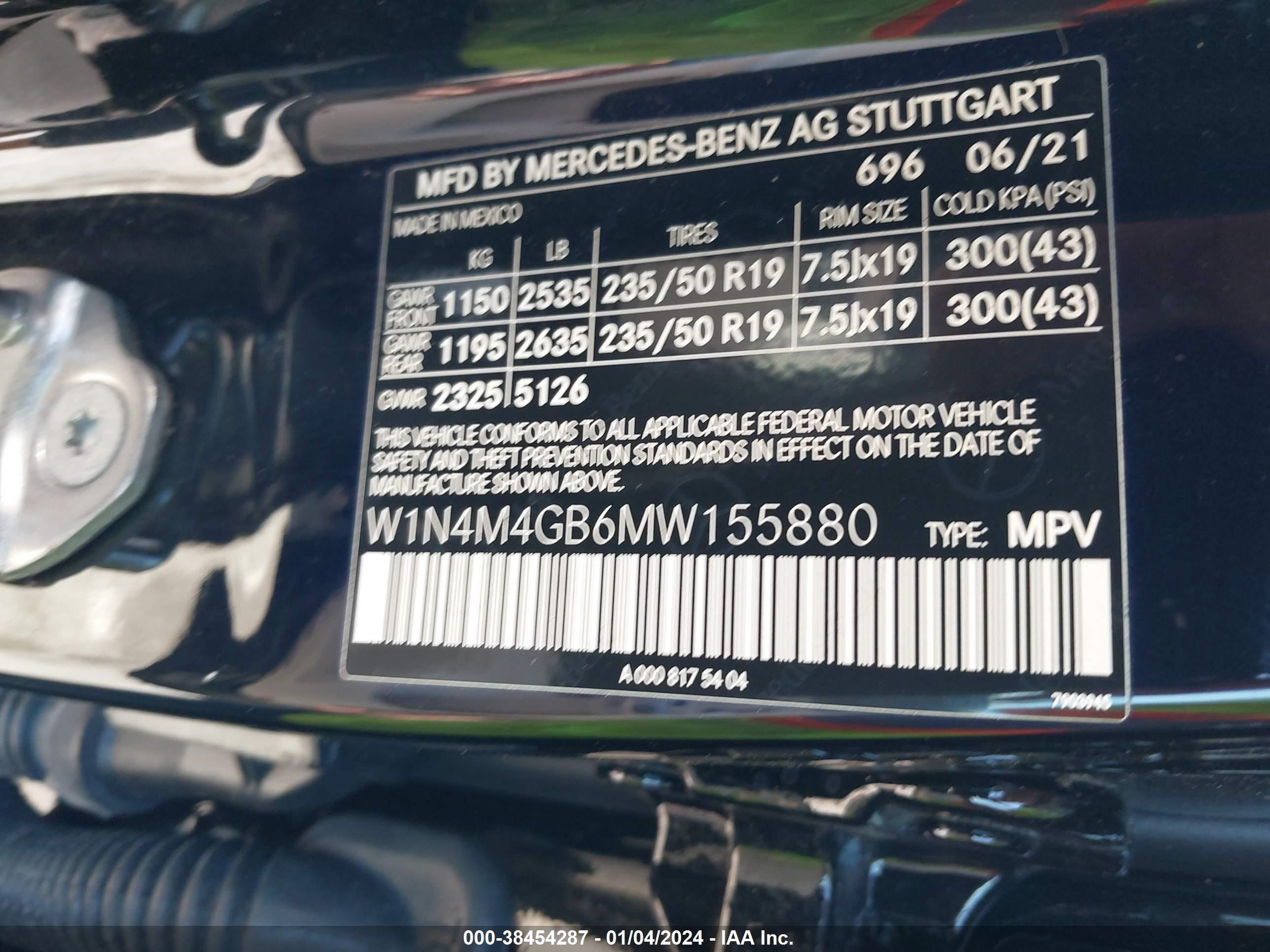 2021 Mercedes-Benz Glb 250 vin: W1N4M4GB6MW155880