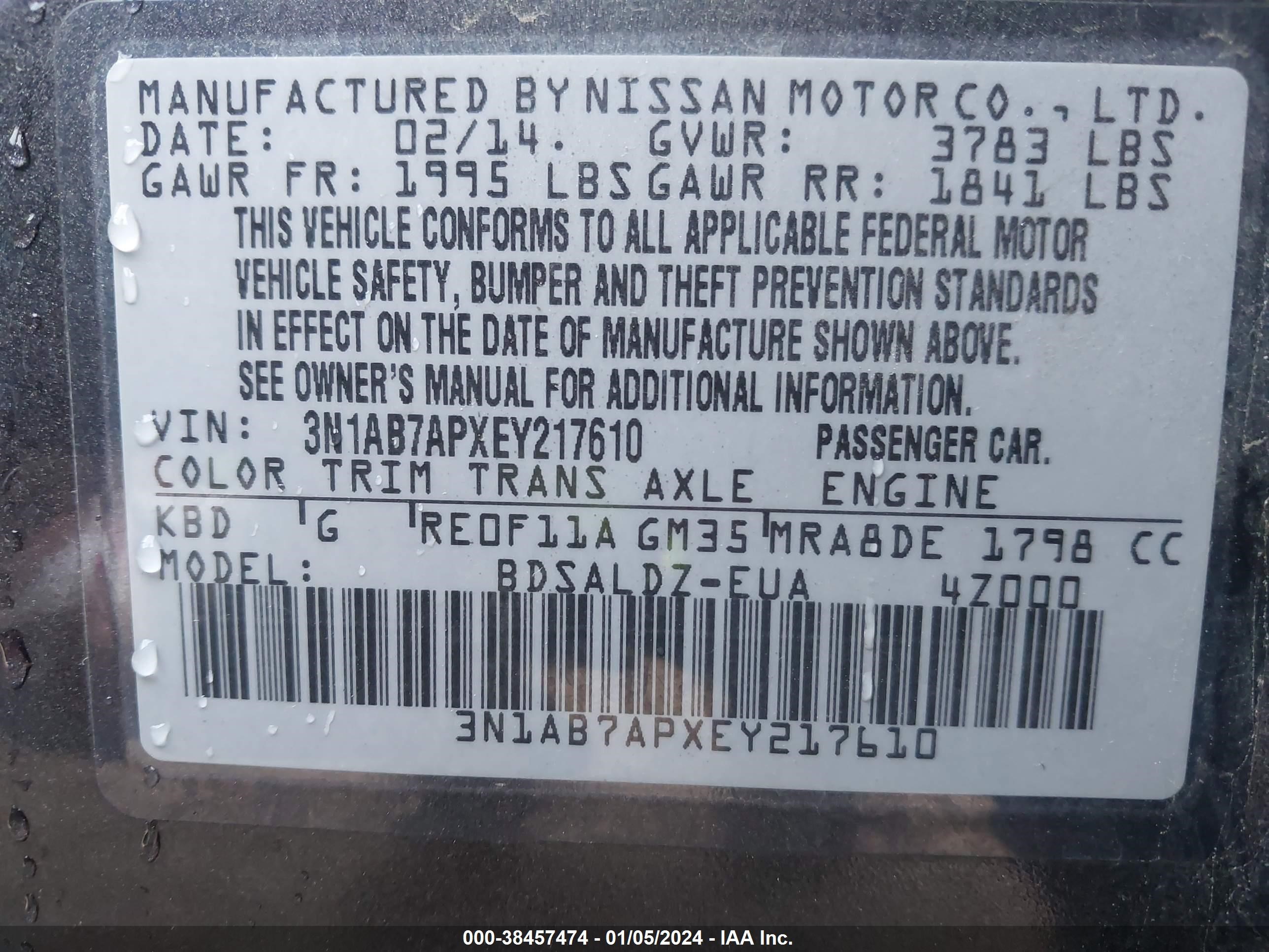 2014 Nissan Sentra Fe+ S/Fe+ Sv/S/Sl/Sr/Sv vin: 3N1AB7APXEY217610