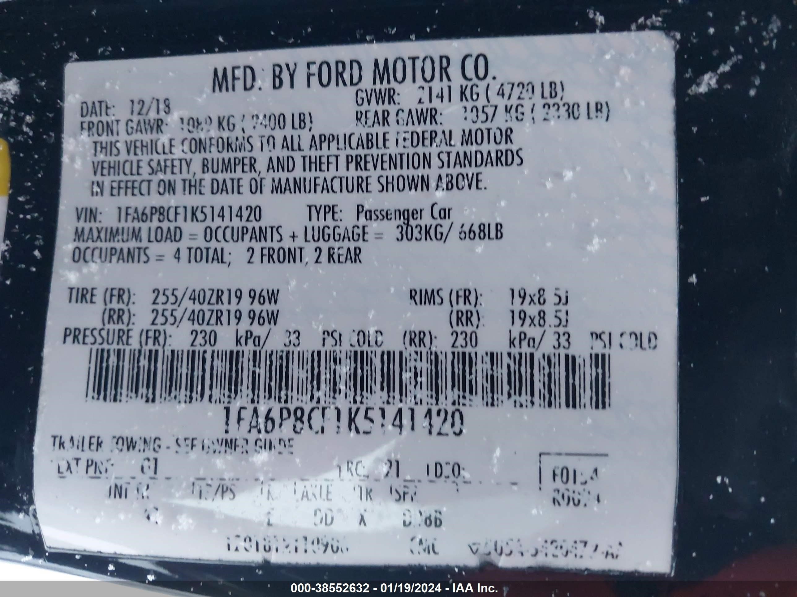 2019 Ford Mustang Gt Premium vin: 1FA6P8CF1K5141420