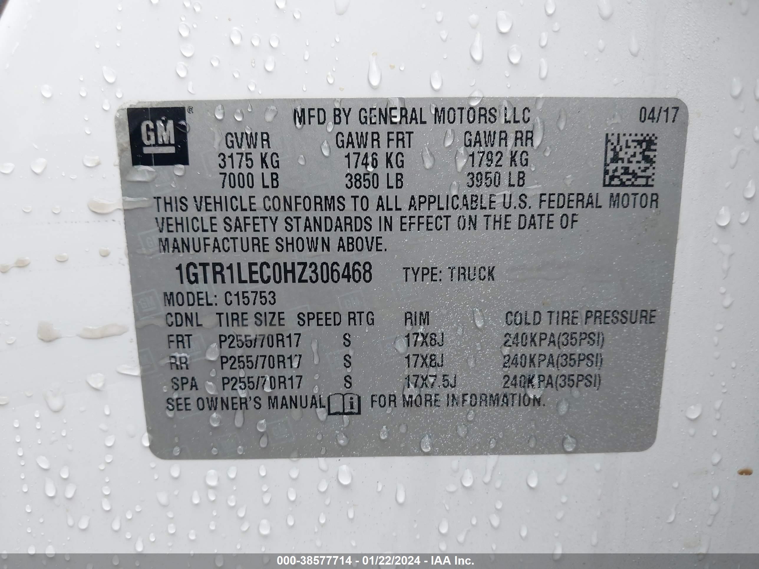 2017 GMC Sierra 1500 vin: 1GTR1LEC0HZ306468