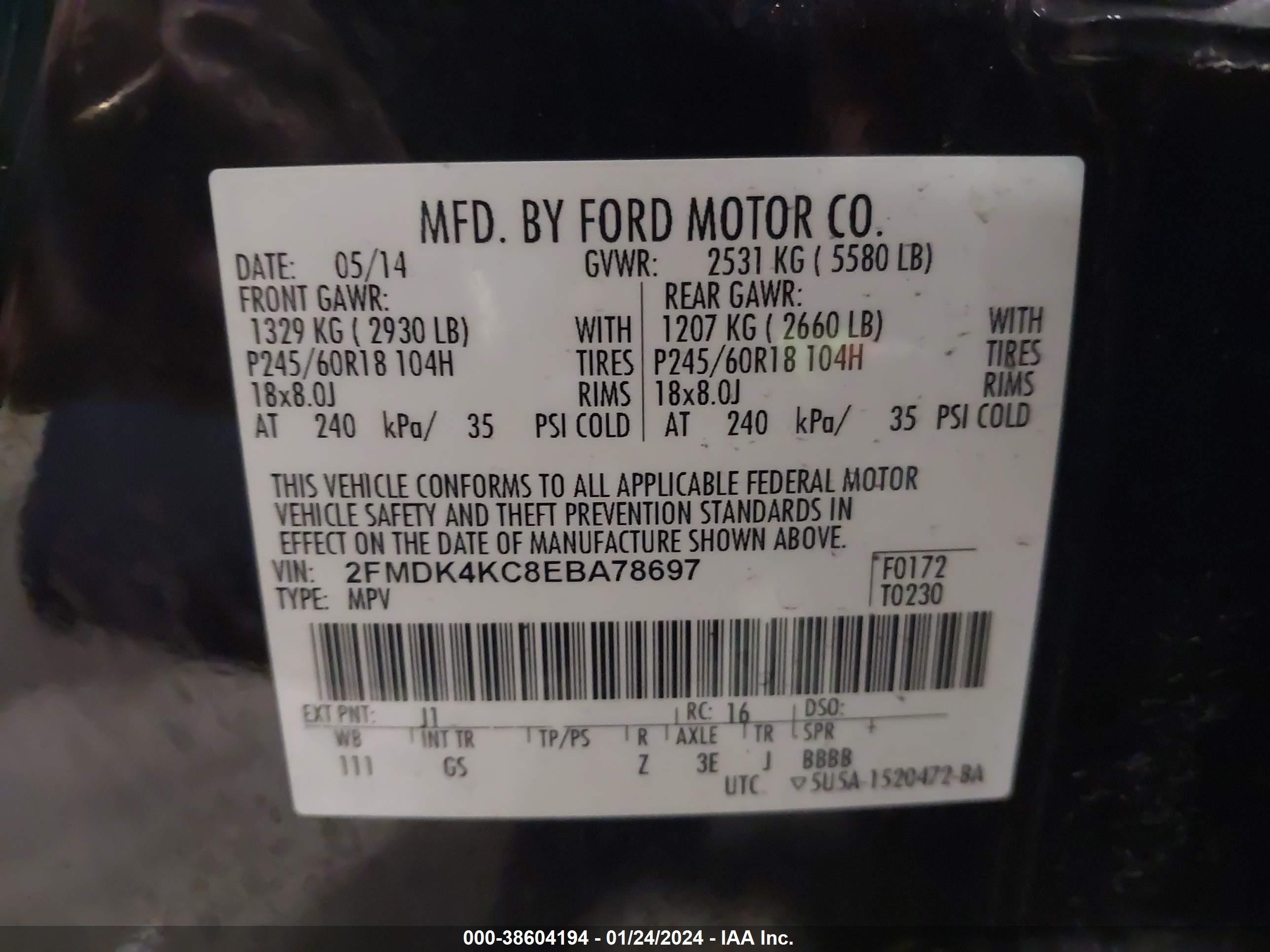 2014 Ford Edge Limited vin: 2FMDK4KC8EBA78697