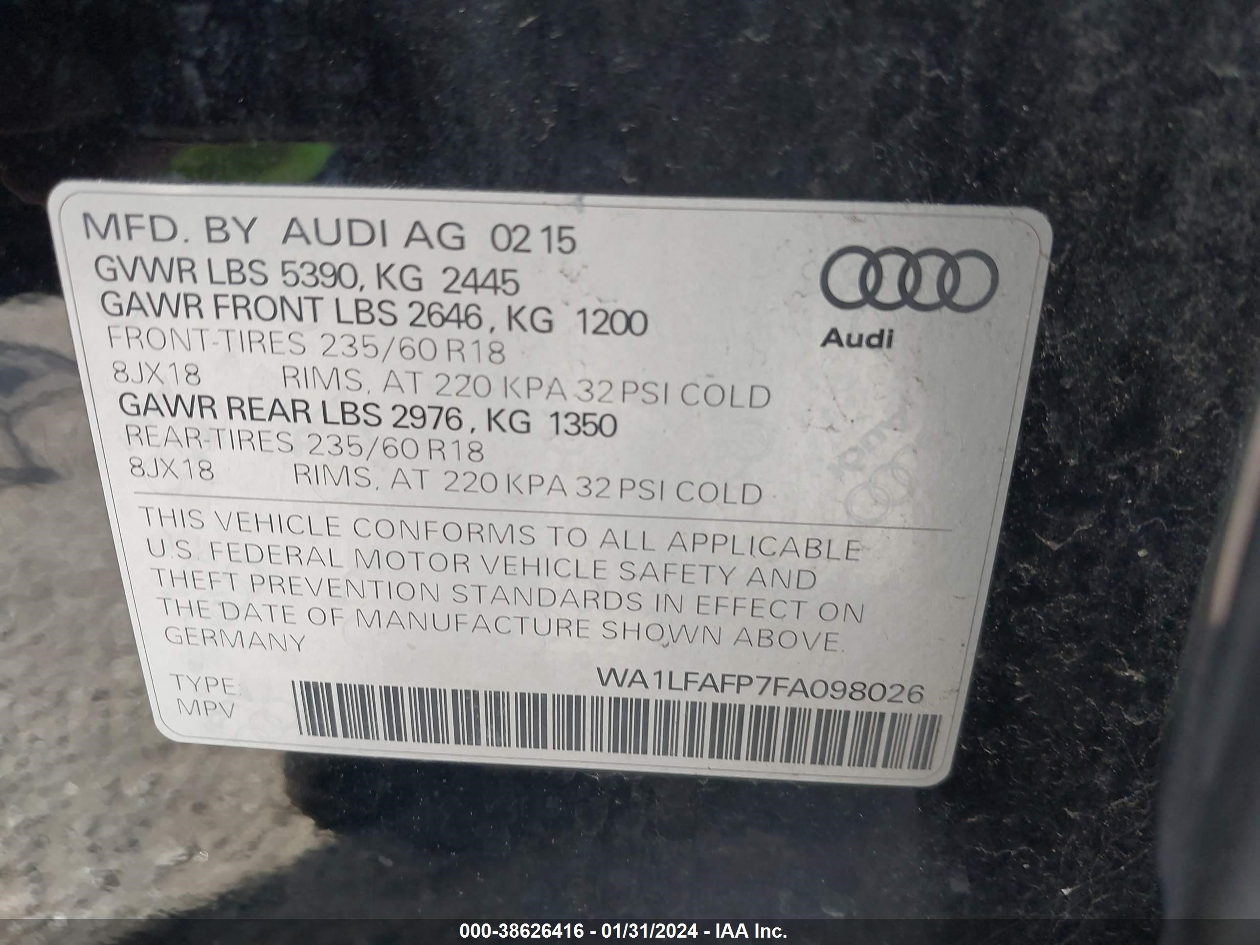 2015 Audi Q5 2.0T Premium vin: WA1LFAFP7FA098026