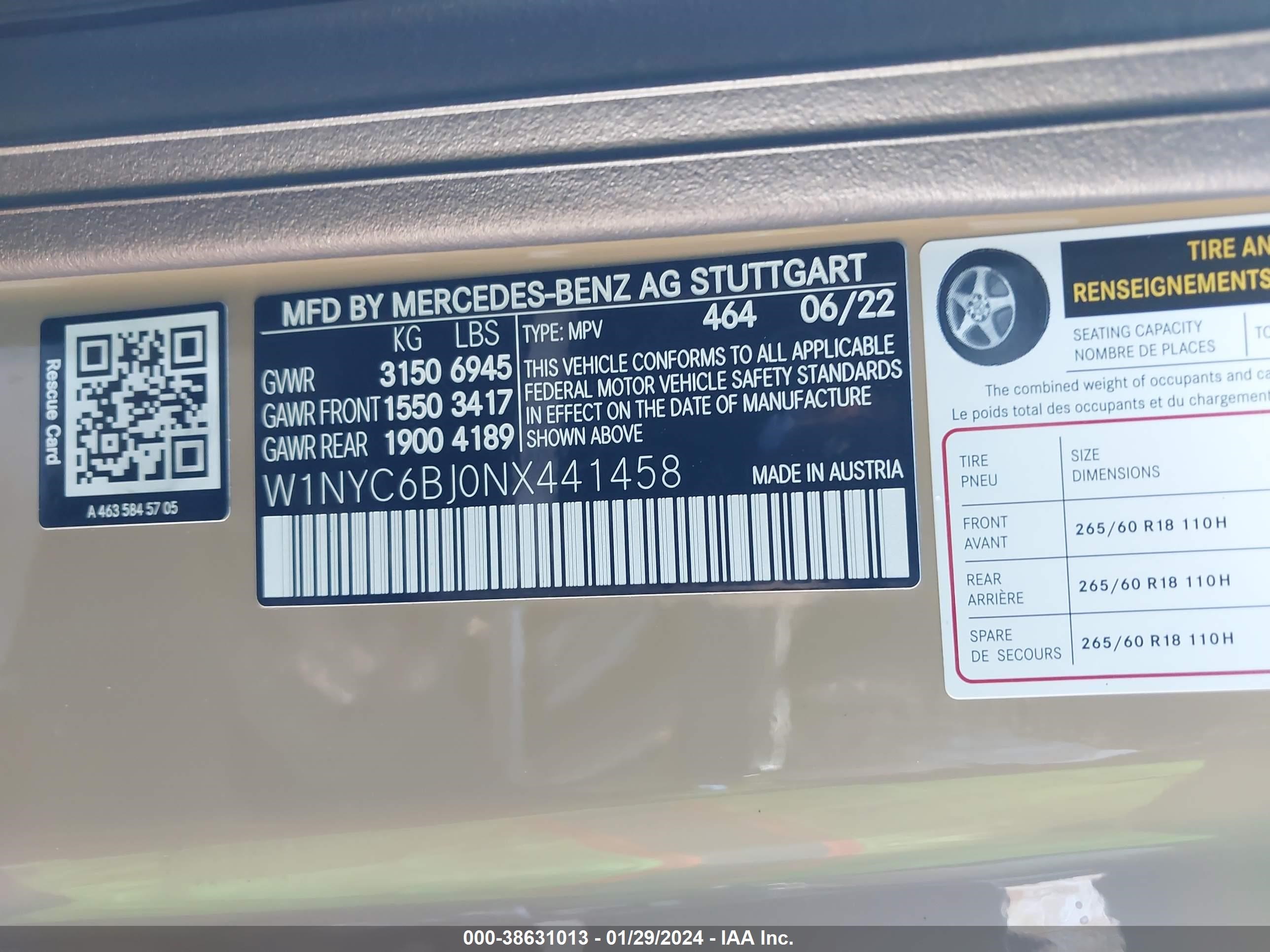2022 Mercedes-Benz G 550 4Matic vin: W1NYC6BJ0NX441458