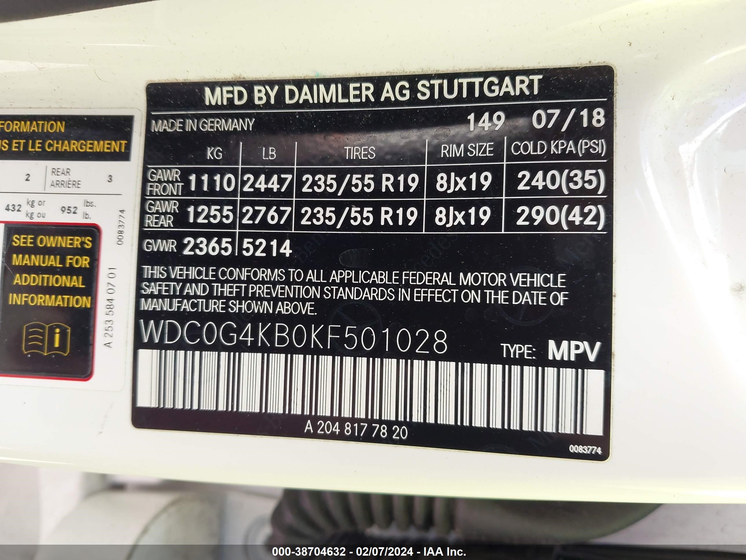 2019 Mercedes-Benz Glc 300 4Matic vin: WDC0G4KB0KF501028