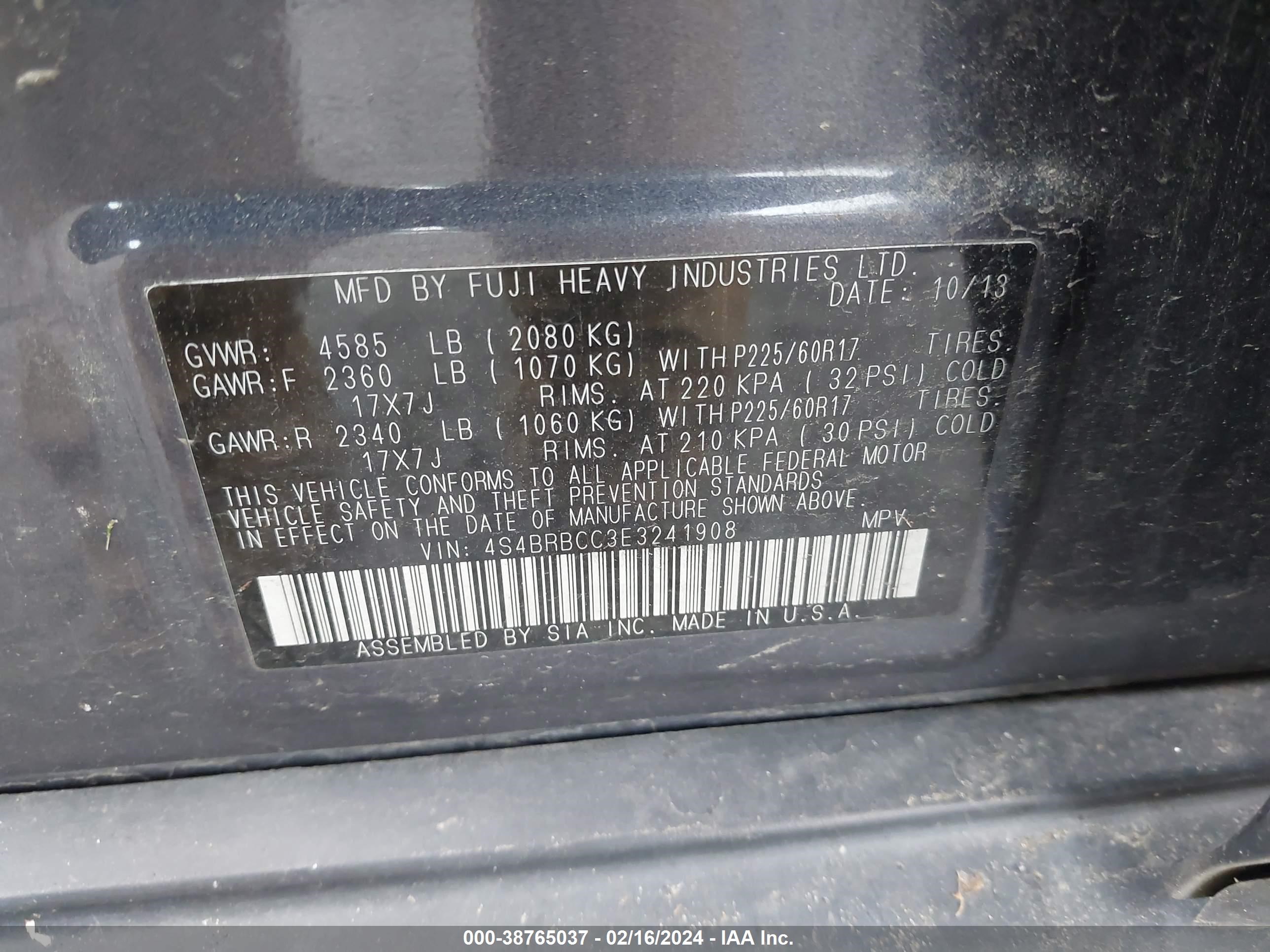2014 Subaru Outback 2.5I Premium vin: 4S4BRBCC3E3241908