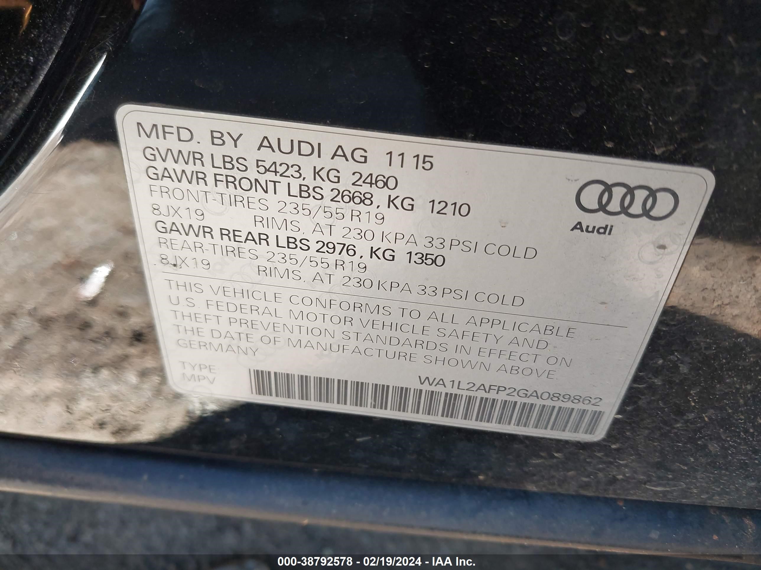 2016 Audi Q5 2.0T Premium vin: WA1L2AFP2GA089862