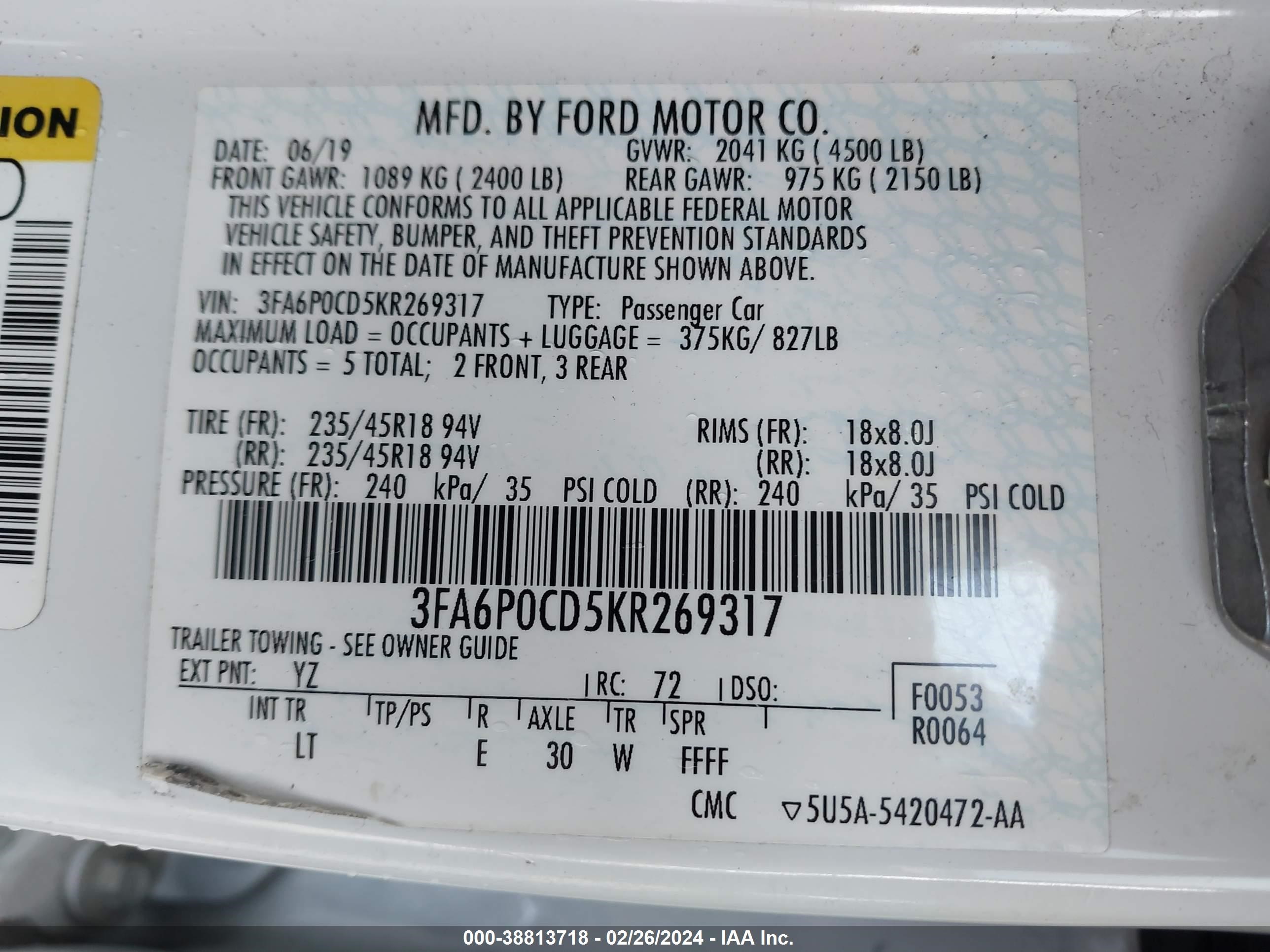 2019 Ford Fusion Sel vin: 3FA6P0CD5KR269317