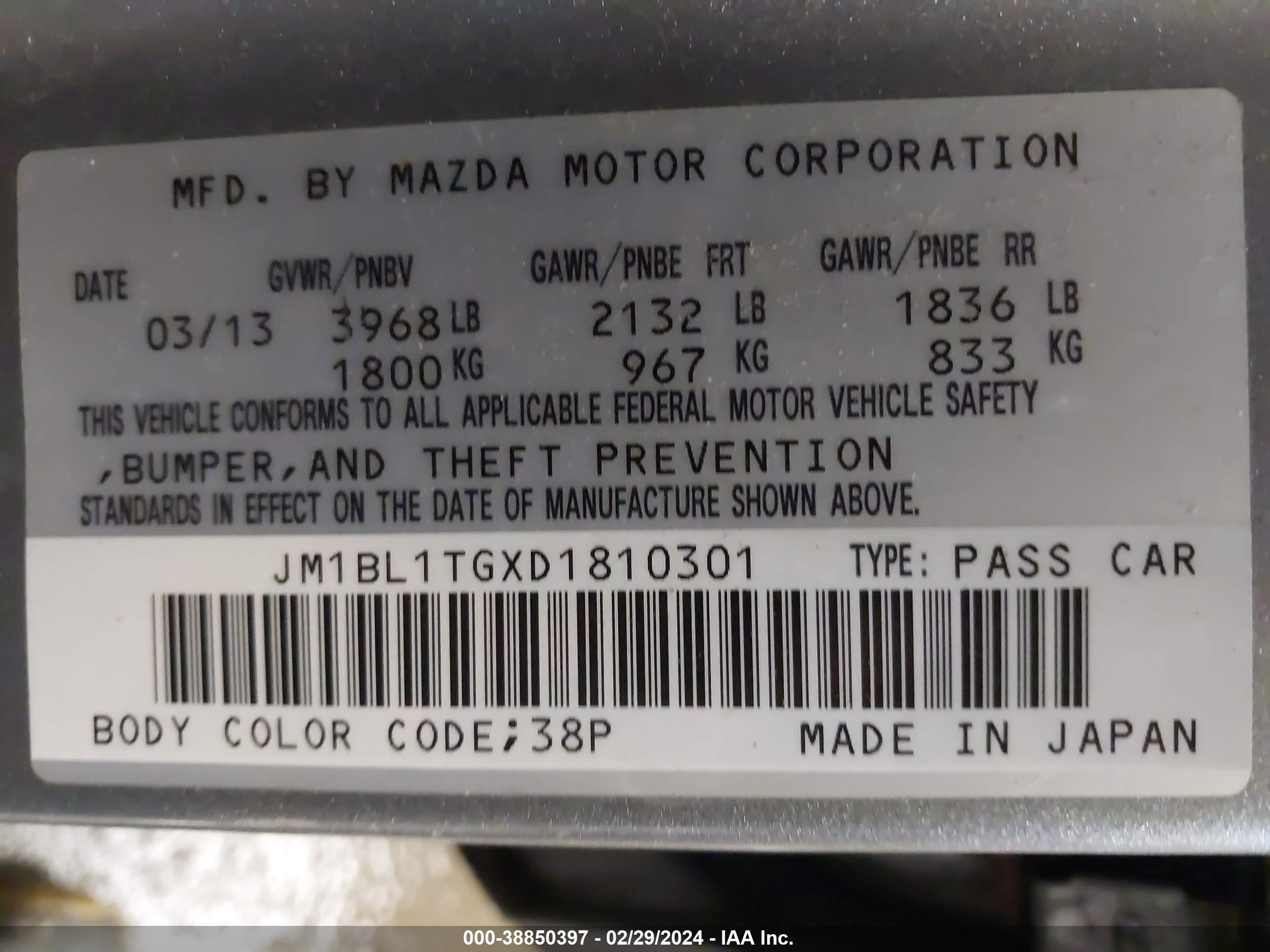 2013 Mazda Mazda3 I Sv vin: JM1BL1TGXD1810301