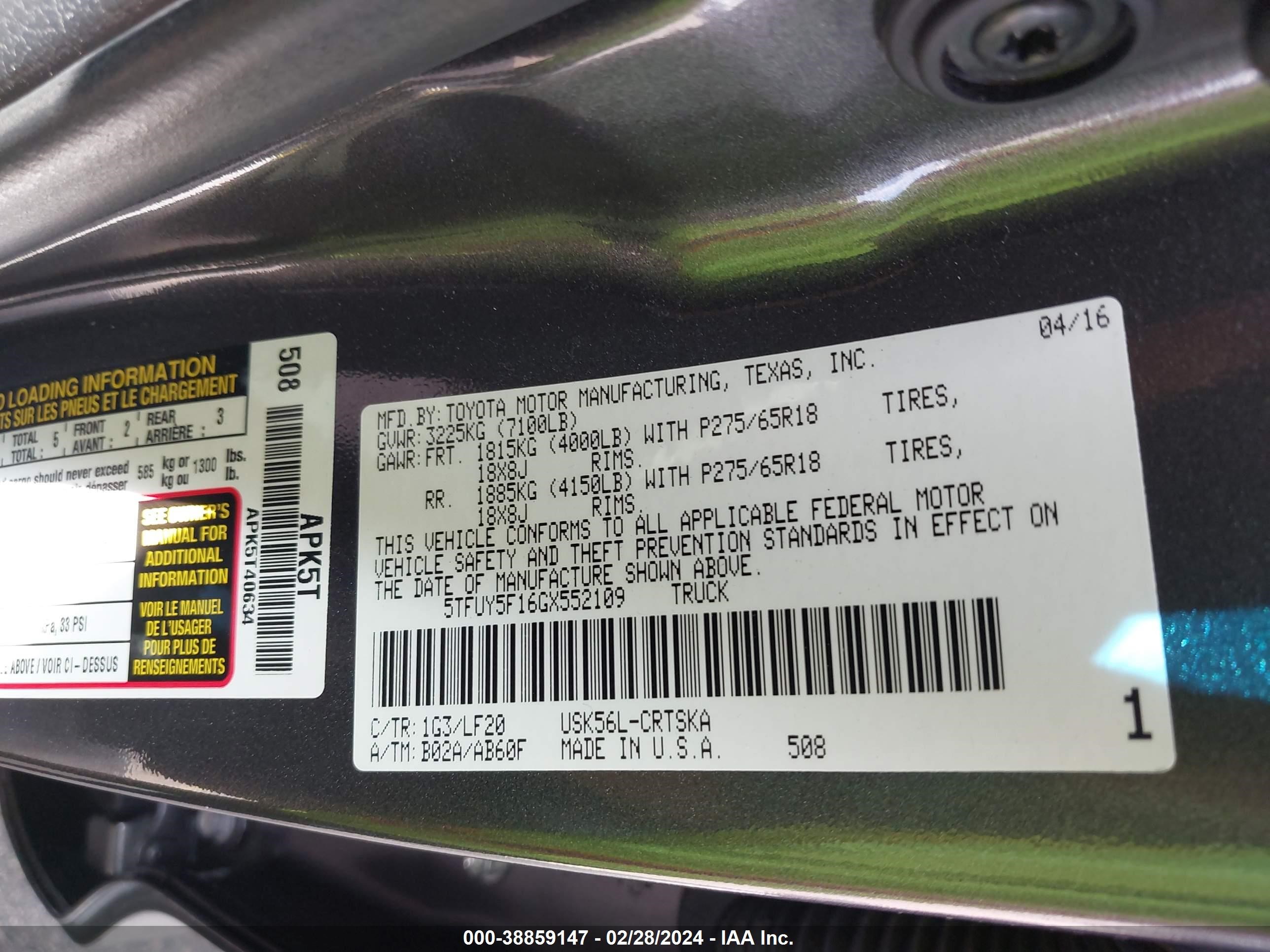 2016 Toyota Tundra Trd Pro 5.7L V8 vin: 5TFUY5F16GX552109