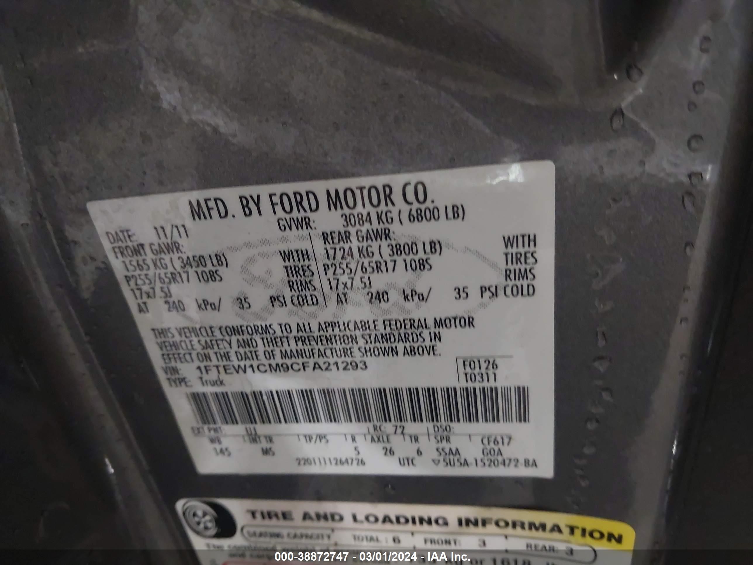 2012 Ford F-150 Xlt vin: 1FTEW1CM9CFA21293
