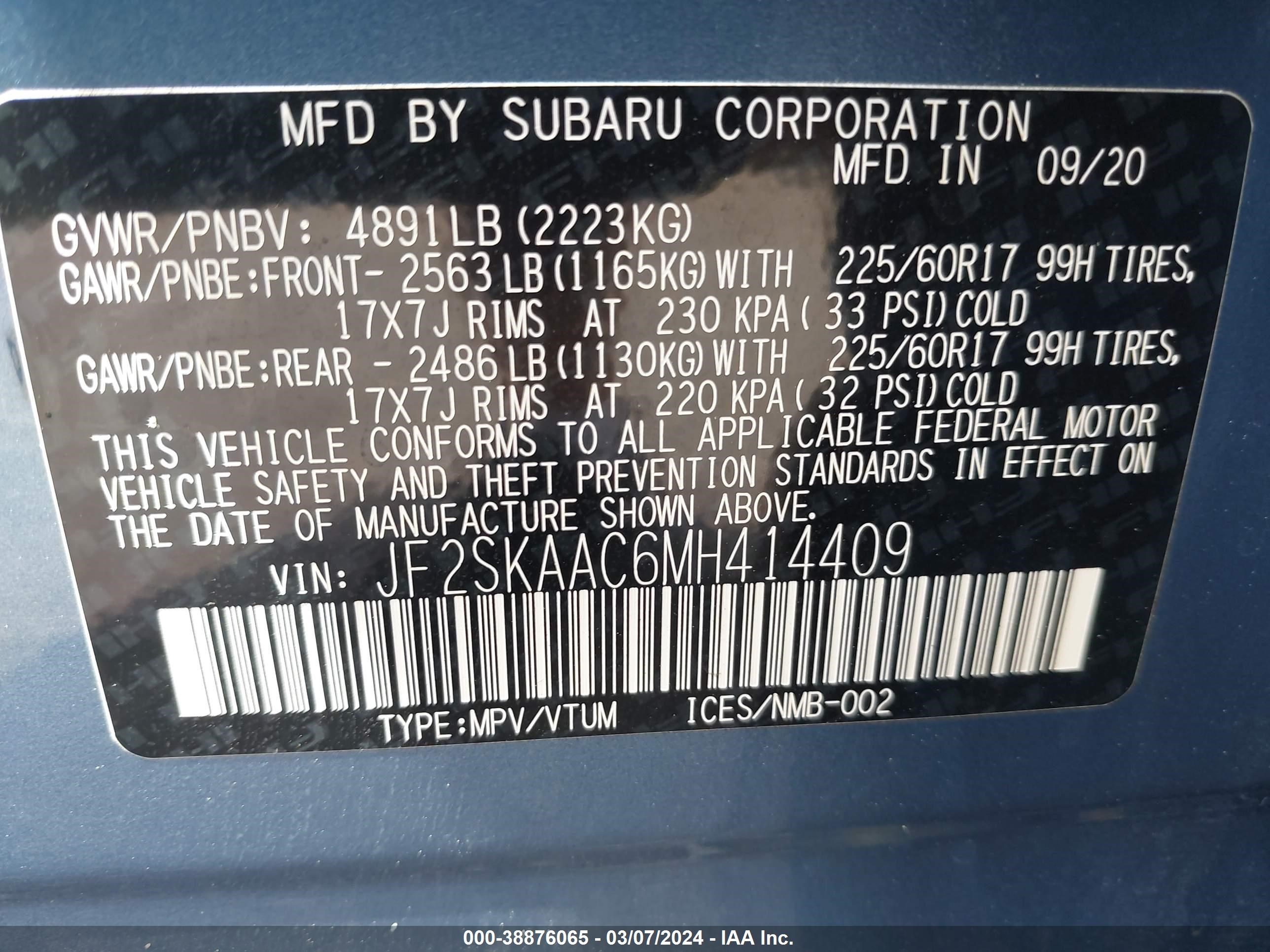 2021 Subaru Forester vin: JF2SKAAC6MH414409