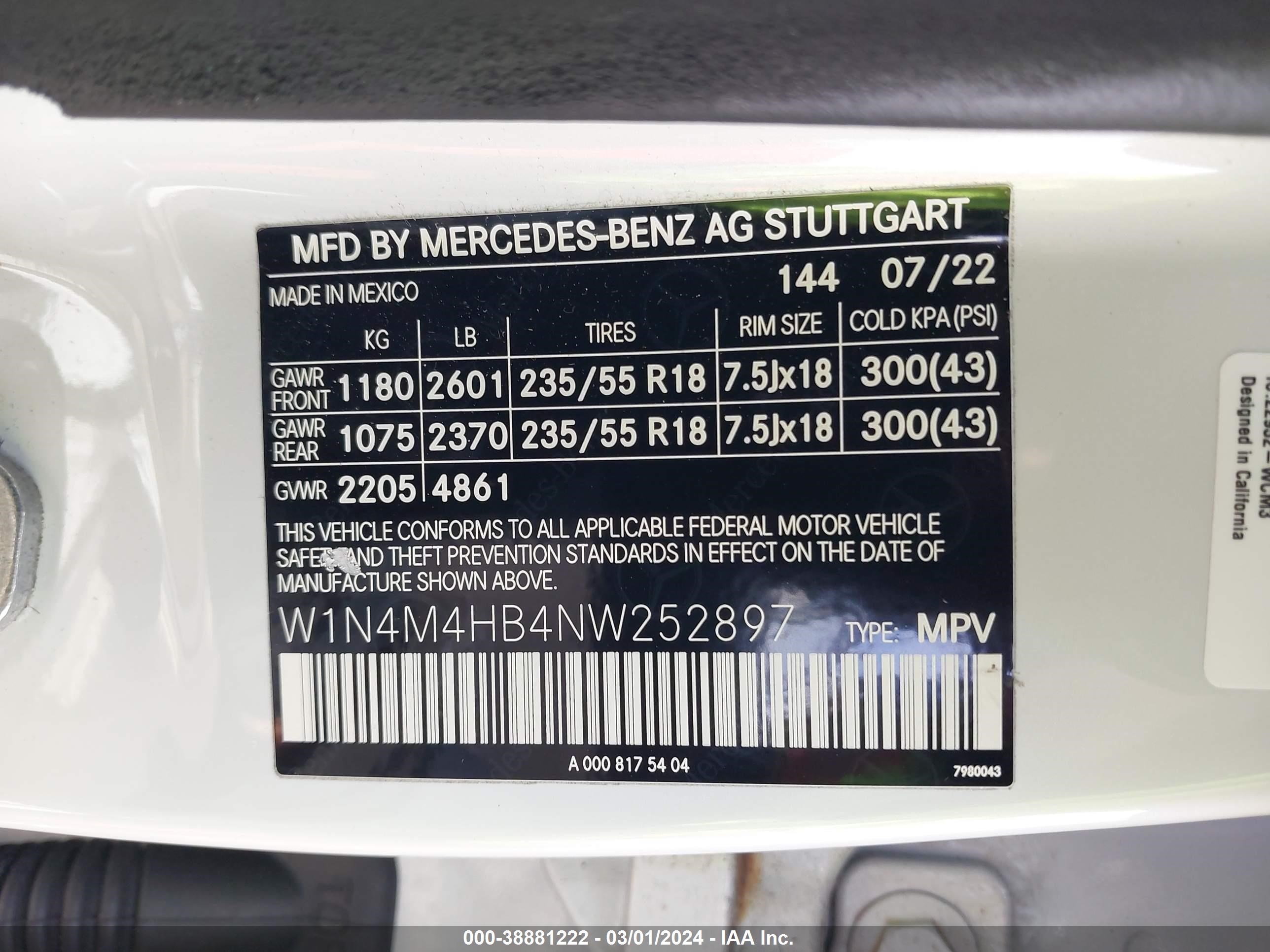 2022 Mercedes-Benz Glb 250 4Matic vin: W1N4M4HB4NW252897
