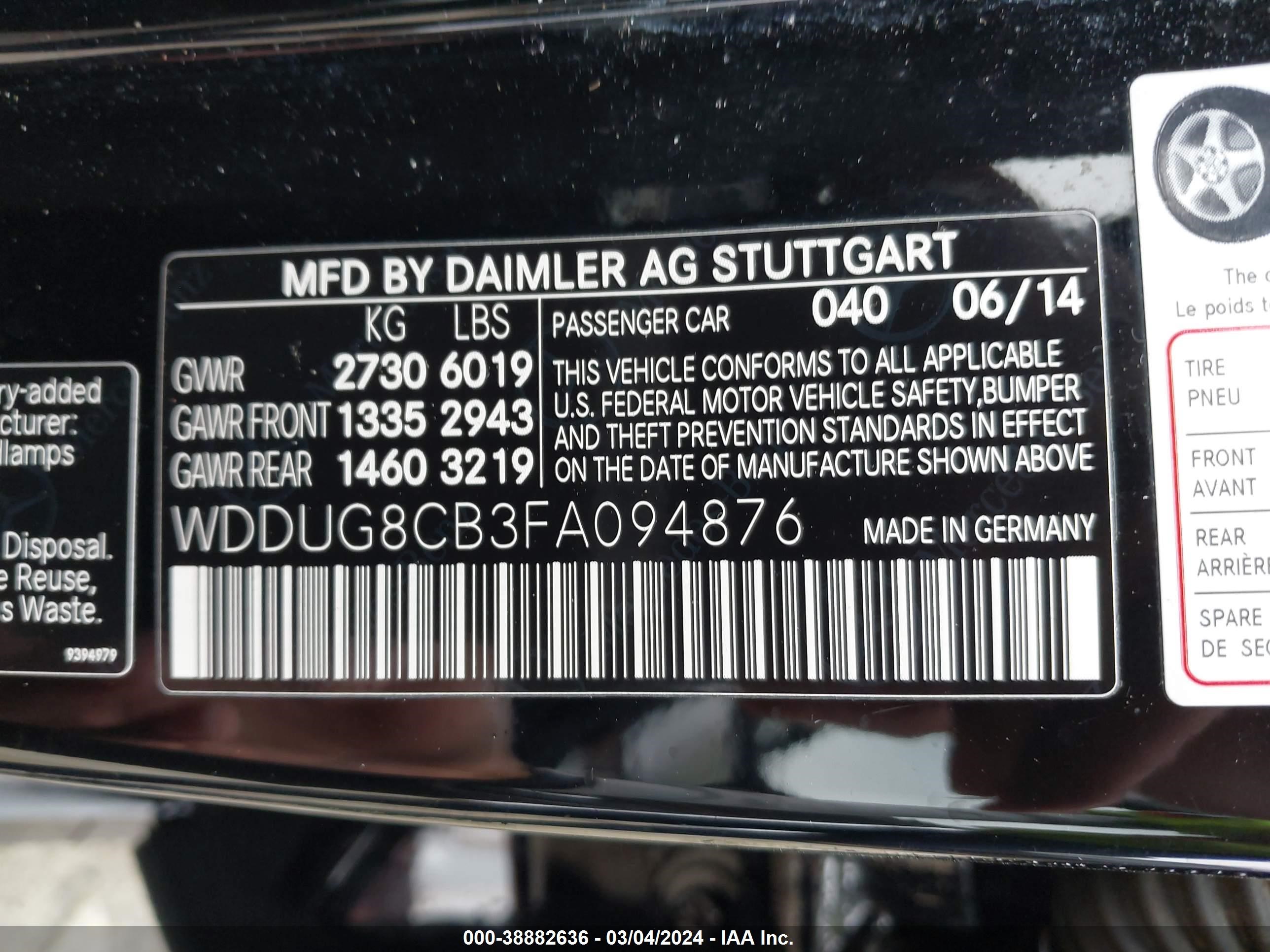 2015 Mercedes-Benz S 550 vin: WDDUG8CB3FA094876