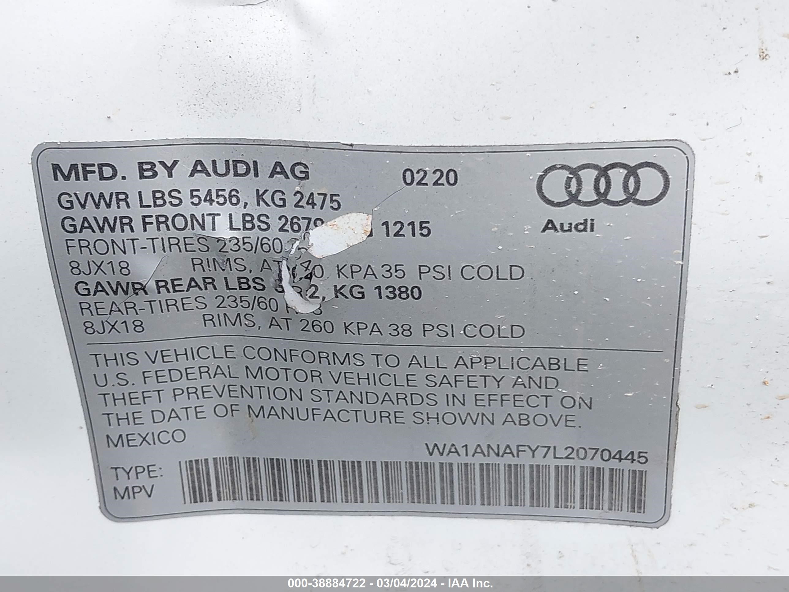 2020 Audi Q5 Premium 45 Tfsi Quattro S Tronic vin: WA1ANAFY7L2070445