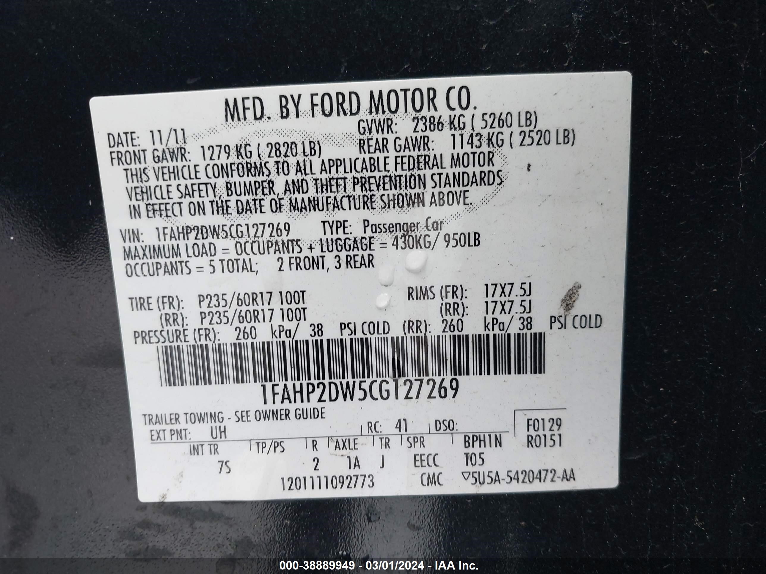 2012 Ford Taurus Se vin: 1FAHP2DW5CG127269