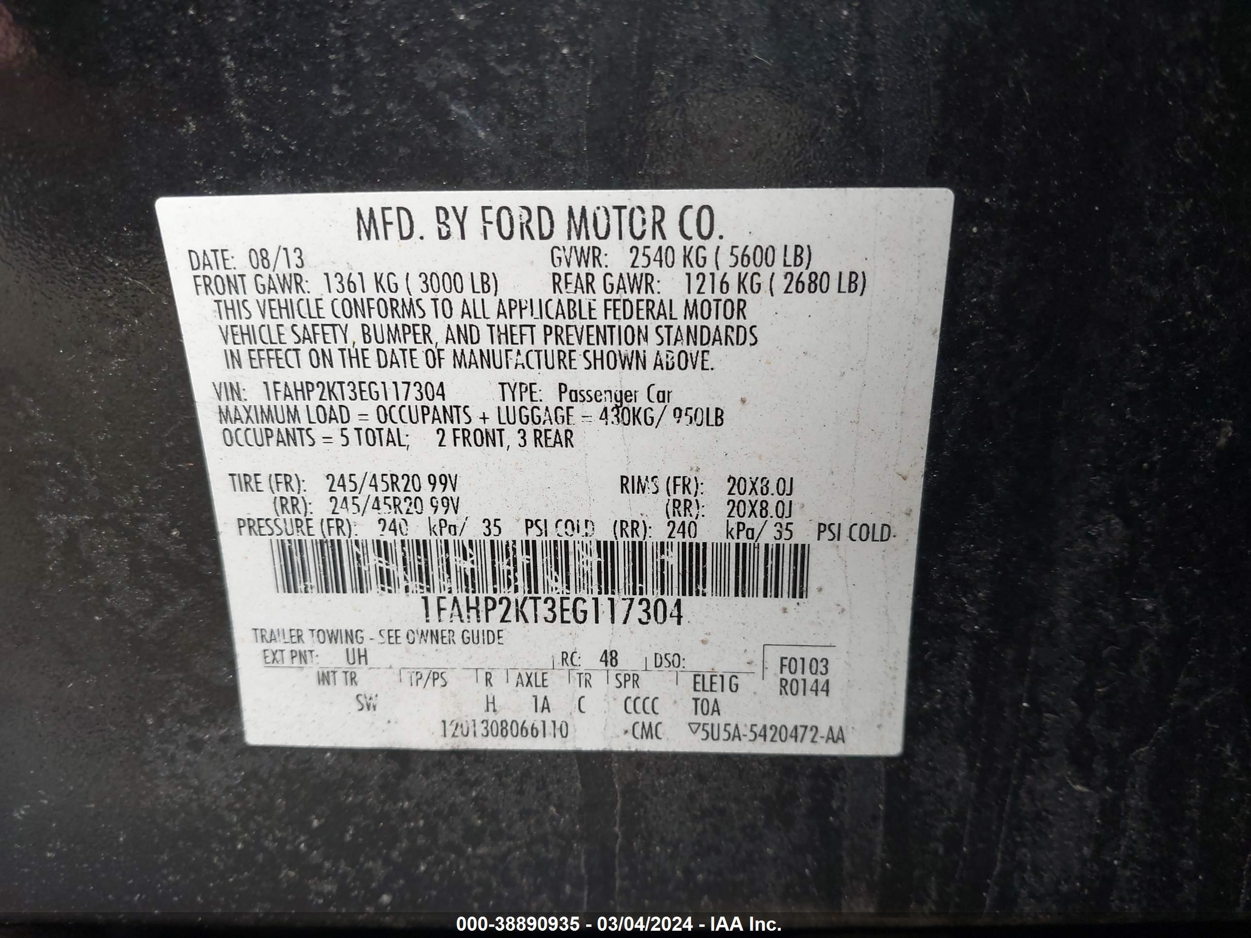 2014 Ford Taurus Sho vin: 1FAHP2KT3EG117304