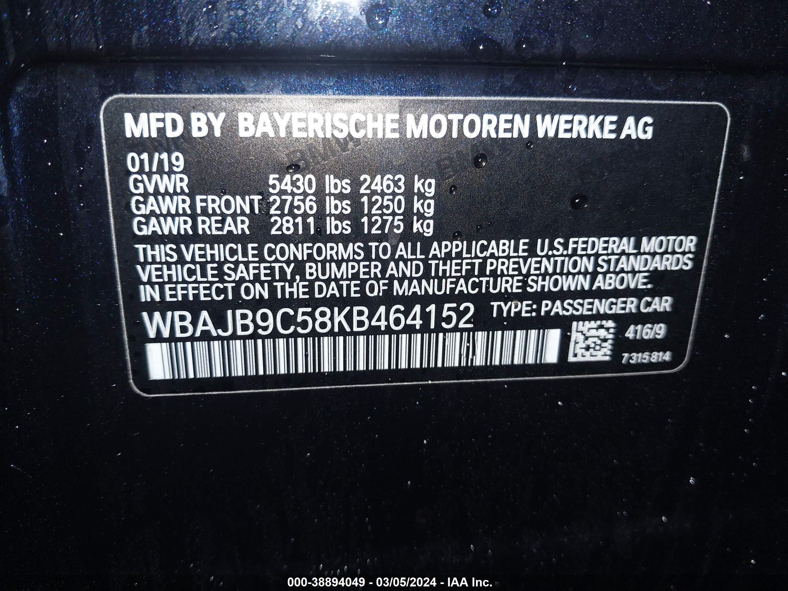 2019 BMW M550I xDrive vin: WBAJB9C58KB464152