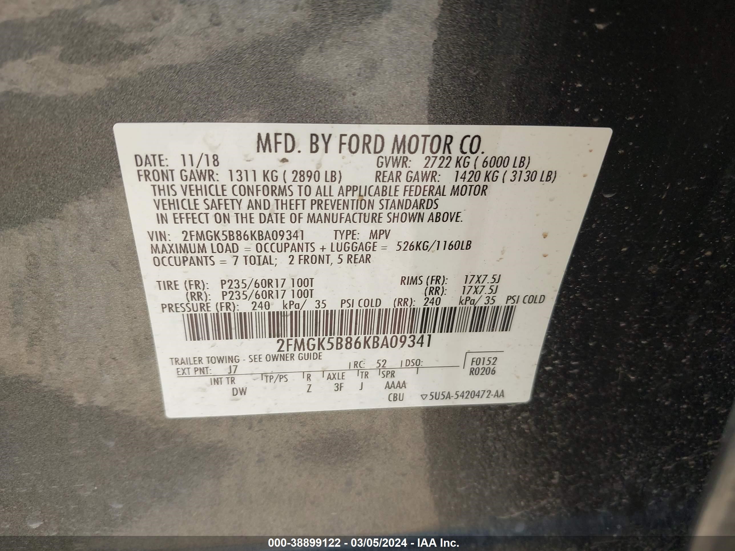 2019 Ford Flex Se vin: 2FMGK5B86KBA09341